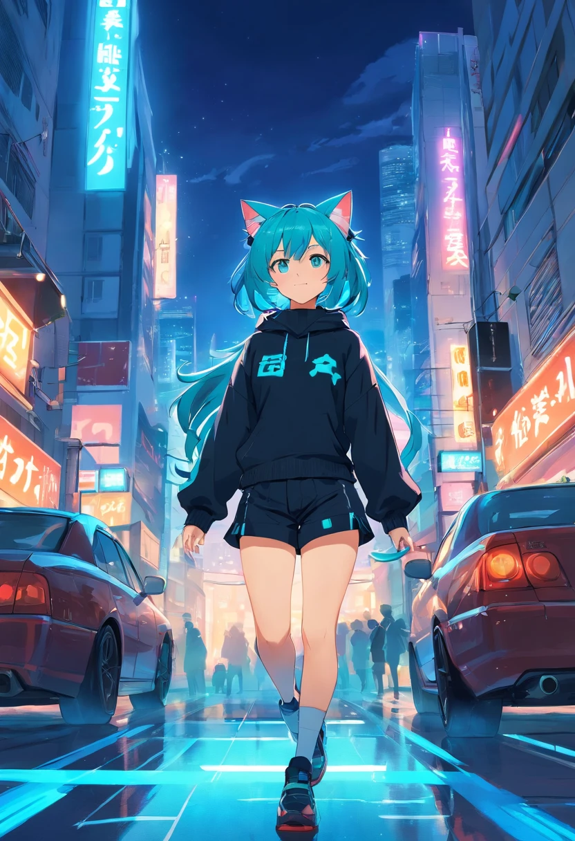 Genshin impact, Girl, Cyan Hair, Cat ears, cute, perfect smile, perfect hands, perfect eyes, cyan eyes, black pullover with white outlines and black shorts, Cyan fluffy cat tail, magical, powerful, magical, Futuristic city, cyberpunk, tall buildings, cars, streetlights, night, reflective floor