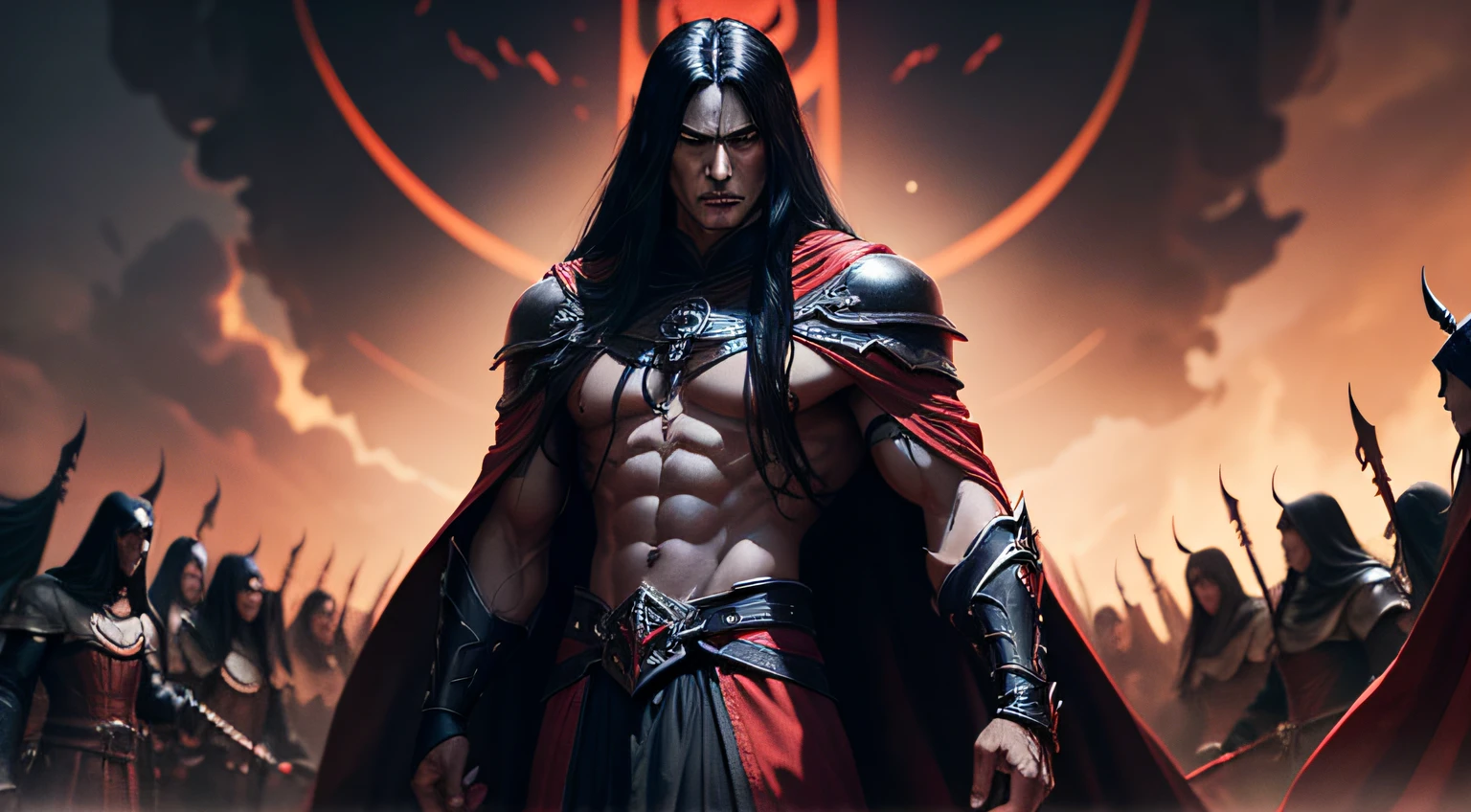 dark muscular male evil lord with long black hair wearing black and red cloak leading an army of demons