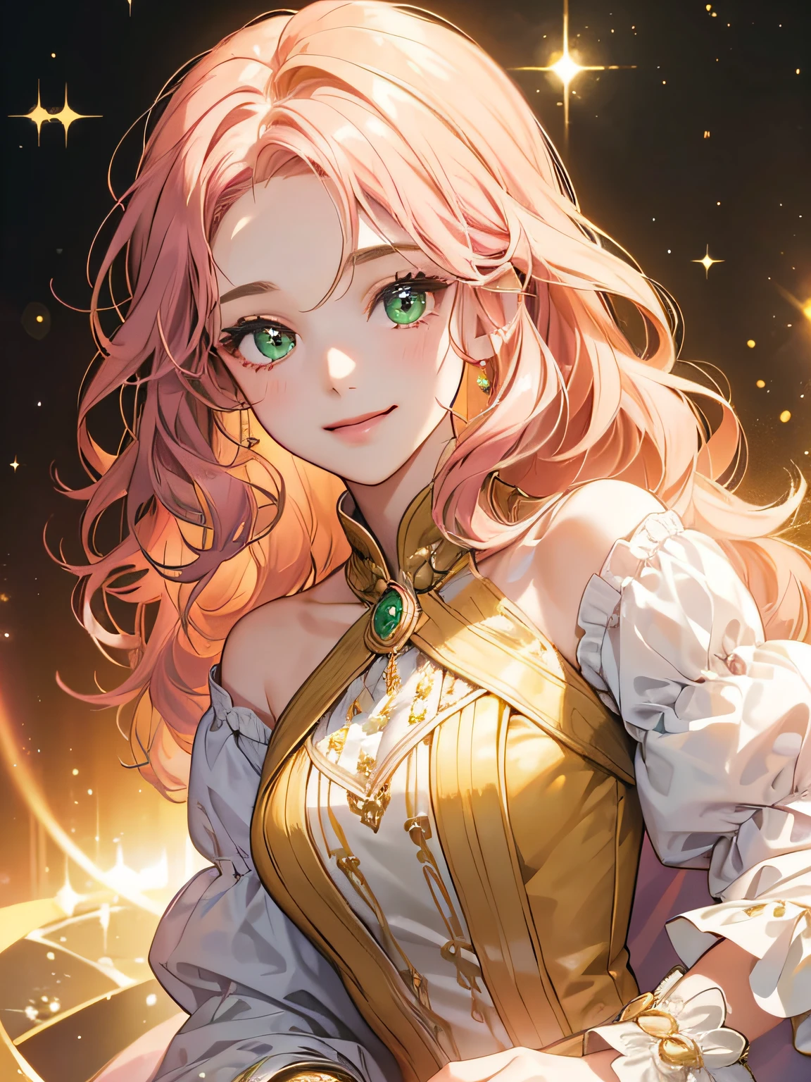 {(best quality, 8k, masterpiece, HDR, soft lighting, perfect image, 1:2 detailed face)} 1 girl, pink wavy hair, green eyes (light smile) wearing luxurious dress, dreamlike background , details in gold and sparkles