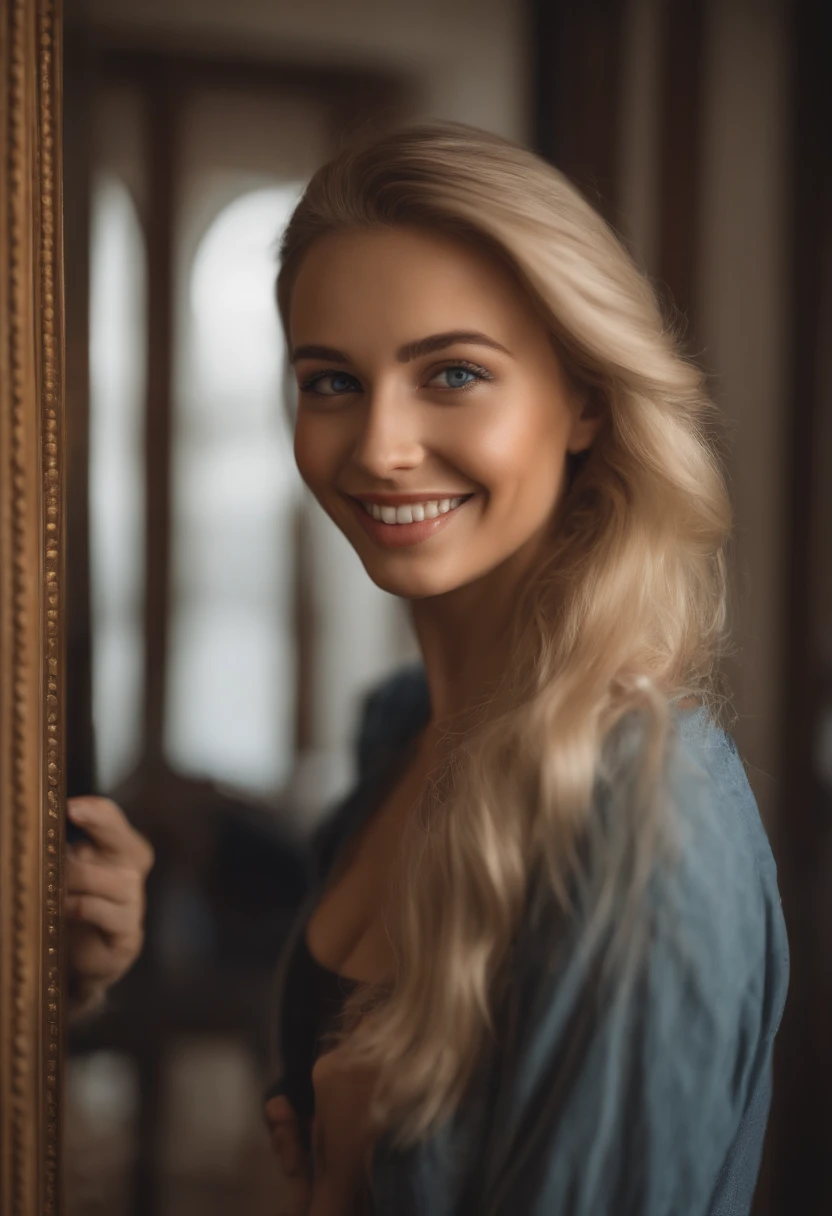 arafed woman fully,Portrait de Corinna Kopf, sexy girl with blue eyes, ultra realistic, meticulously detailed, blonde hair and large eyes, selfie of a young woman, without makeup, natural makeup, face with artgram, subtle makeup, in the gym, butt in leggins, taking selfie in the mirror, medium to large size bust, full body and legs visible, wide smile teeth