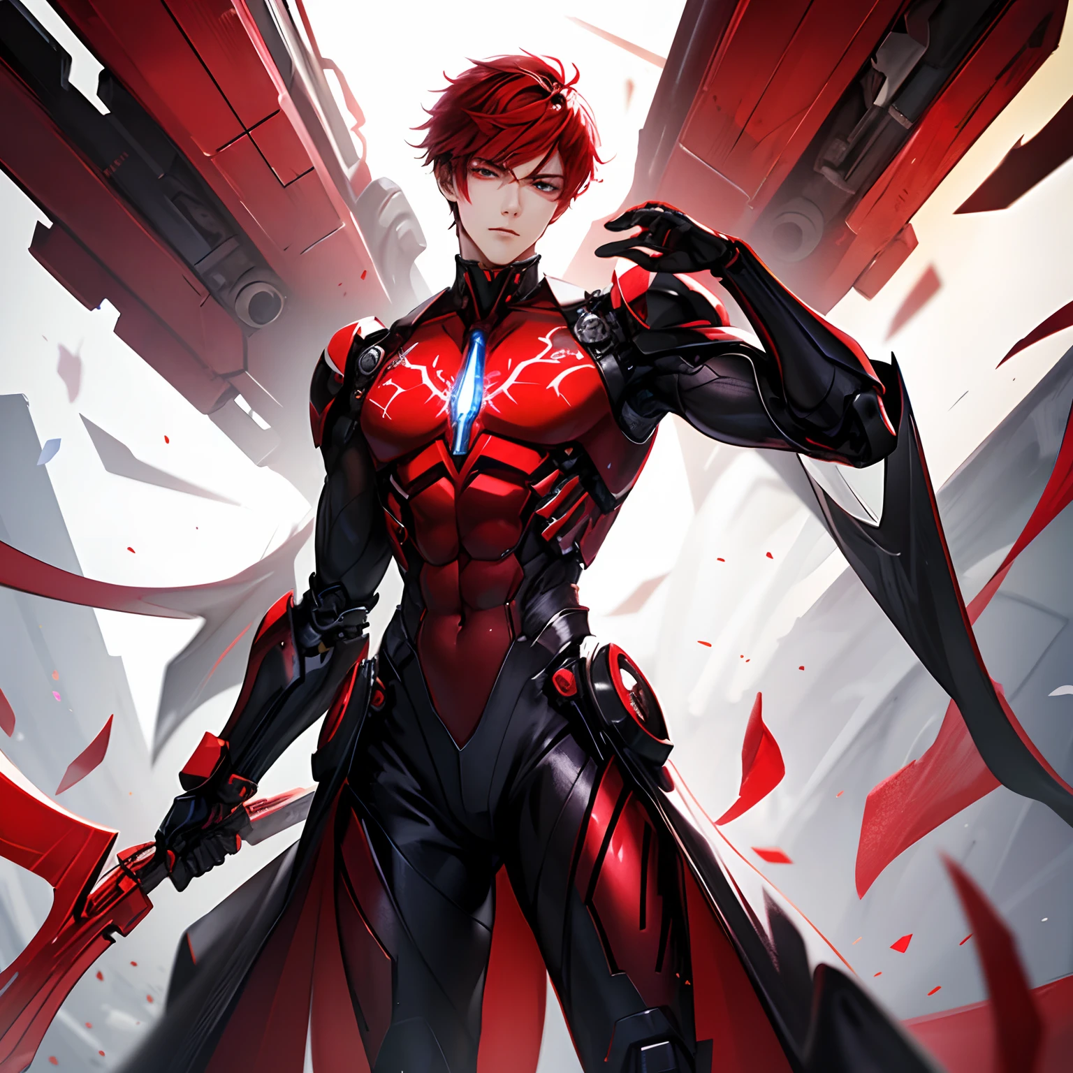 Black suit with red tie、Red line design isolated on white background、Male cyborg、Red hair shank image high quality、high-detail、The face is male、Eight-headed body