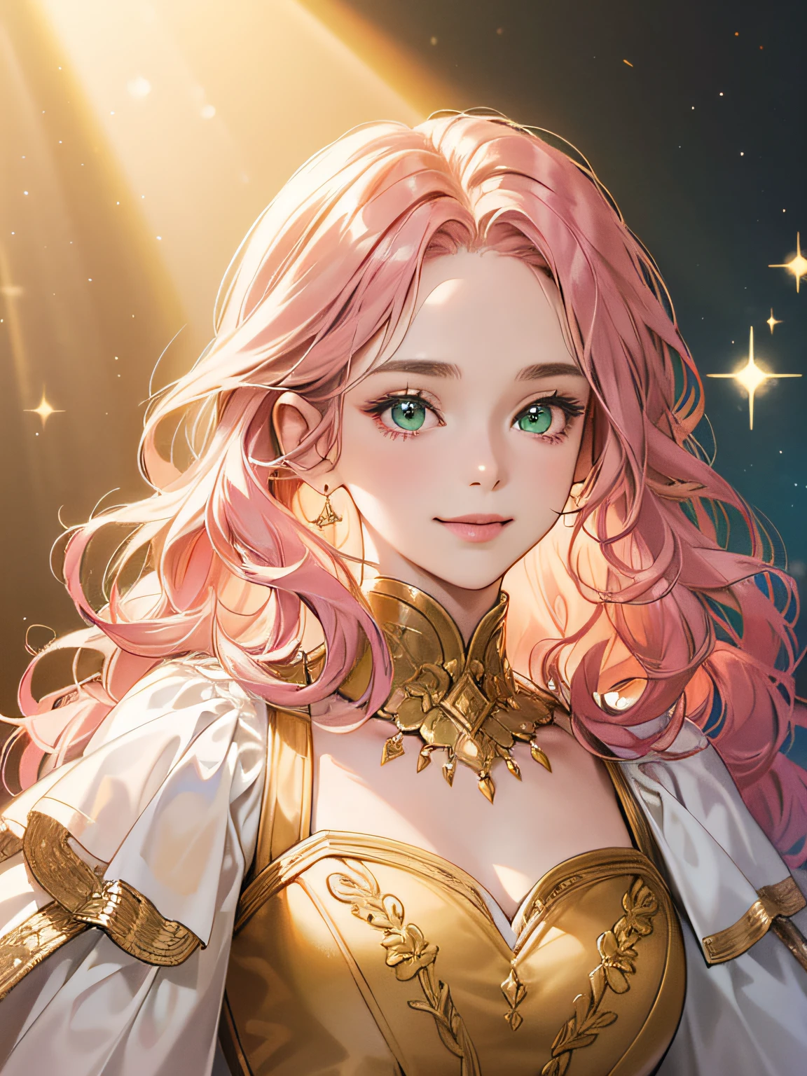 {(best quality, 8k, masterpiece, HDR, soft lighting, perfect image, 1:2 detailed face)} 1 12 year old girl, pink wavy hair, green eyes (light smile) wearing luxurious dress, dreamlike background , details in gold and sparkles