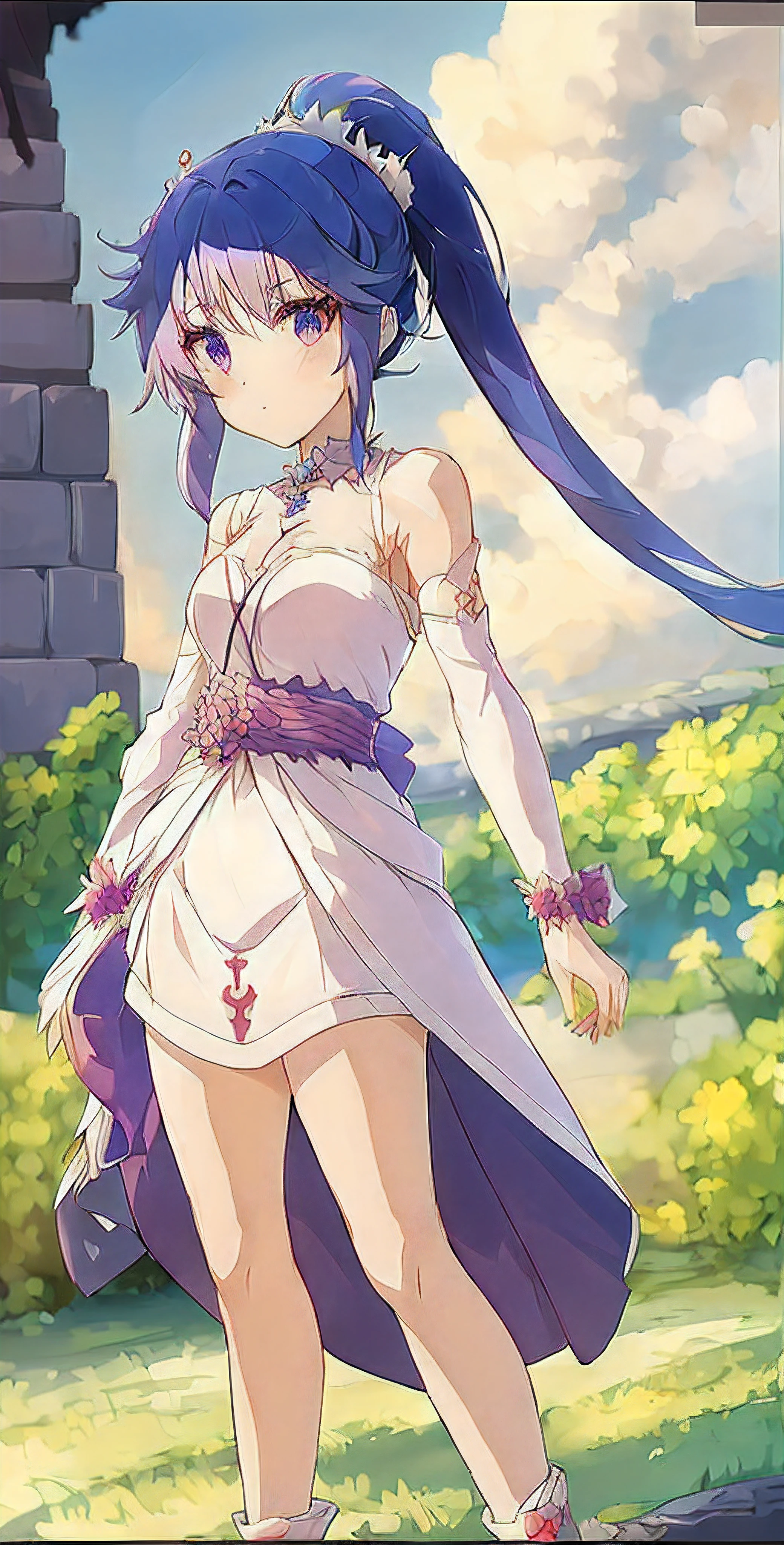 Anime girl in white dress,Long purple hair and a sword, aqua from konosuba, Portrait Chevaliers du Zodiaque Fille, knights of zodiac girl, ancient ruins behind her, Anime Stylization, High quality live art style, jrpg character, natalie from epic battle fantasy, made with anime painter studio, style of duelyst, Stylized anime