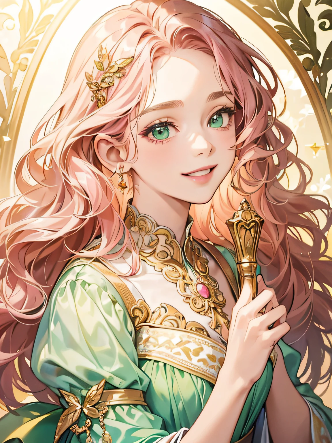 {(best quality, 8k, masterpiece, HDR, soft lighting, perfect image, 1:2 detailed face)} 1 12 year old girl, pink wavy hair, green eyes (light smile) wearing luxurious dress, dreamlike background , details in gold and sparkles