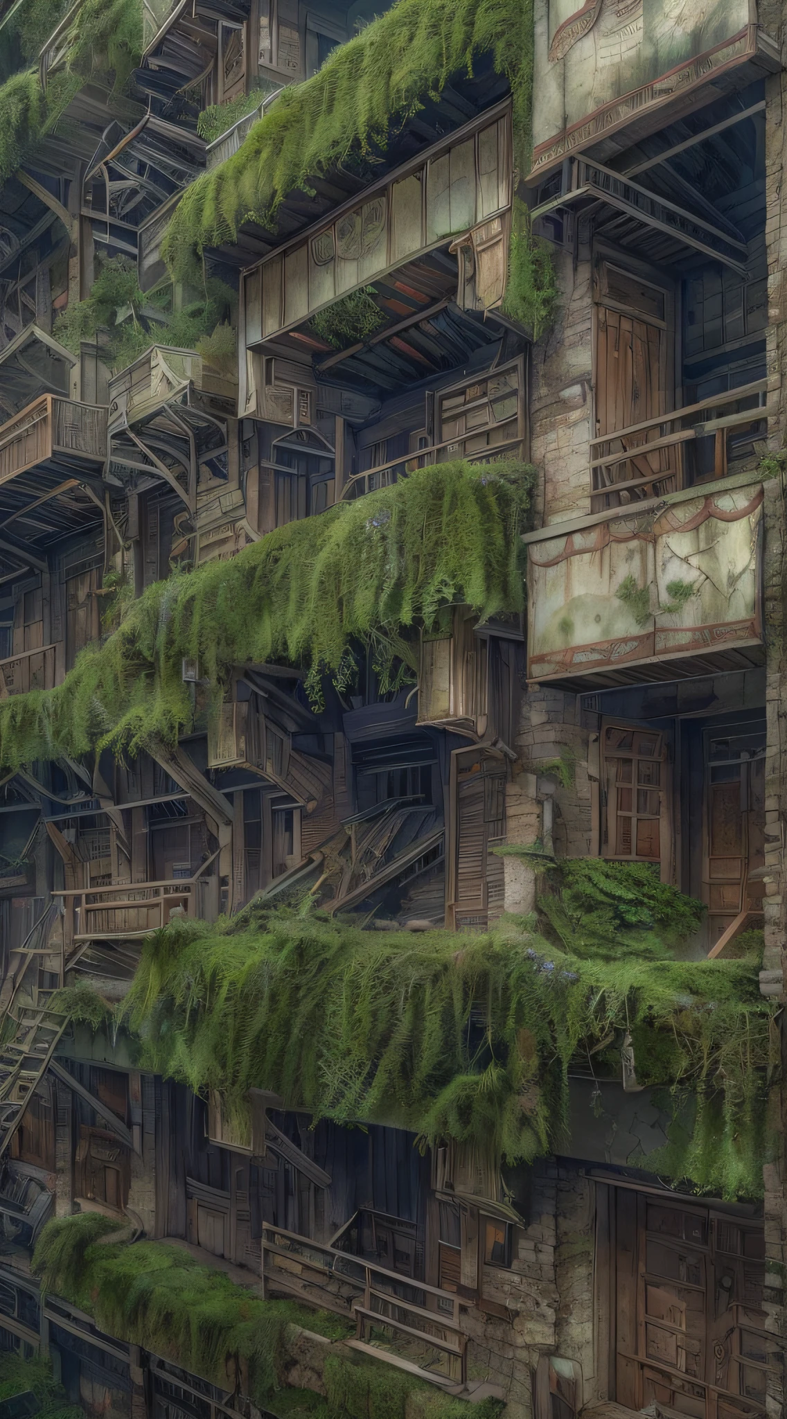 Abandoned metropolis,Abandoned, cinema shot,the complex background,Crippled city,Dilapidated city,no man,The city is full of moss,Street grew shrubs,The beast shuttles the city, (hight resolution), (8K), (very very highly detailed), (Most Best Illustration), (best qualtiy), (ultra - detailed), (tmasterpiece), nffsw, masutepiece, Super Detail, high details, hight resolution, Best Quality, High quality