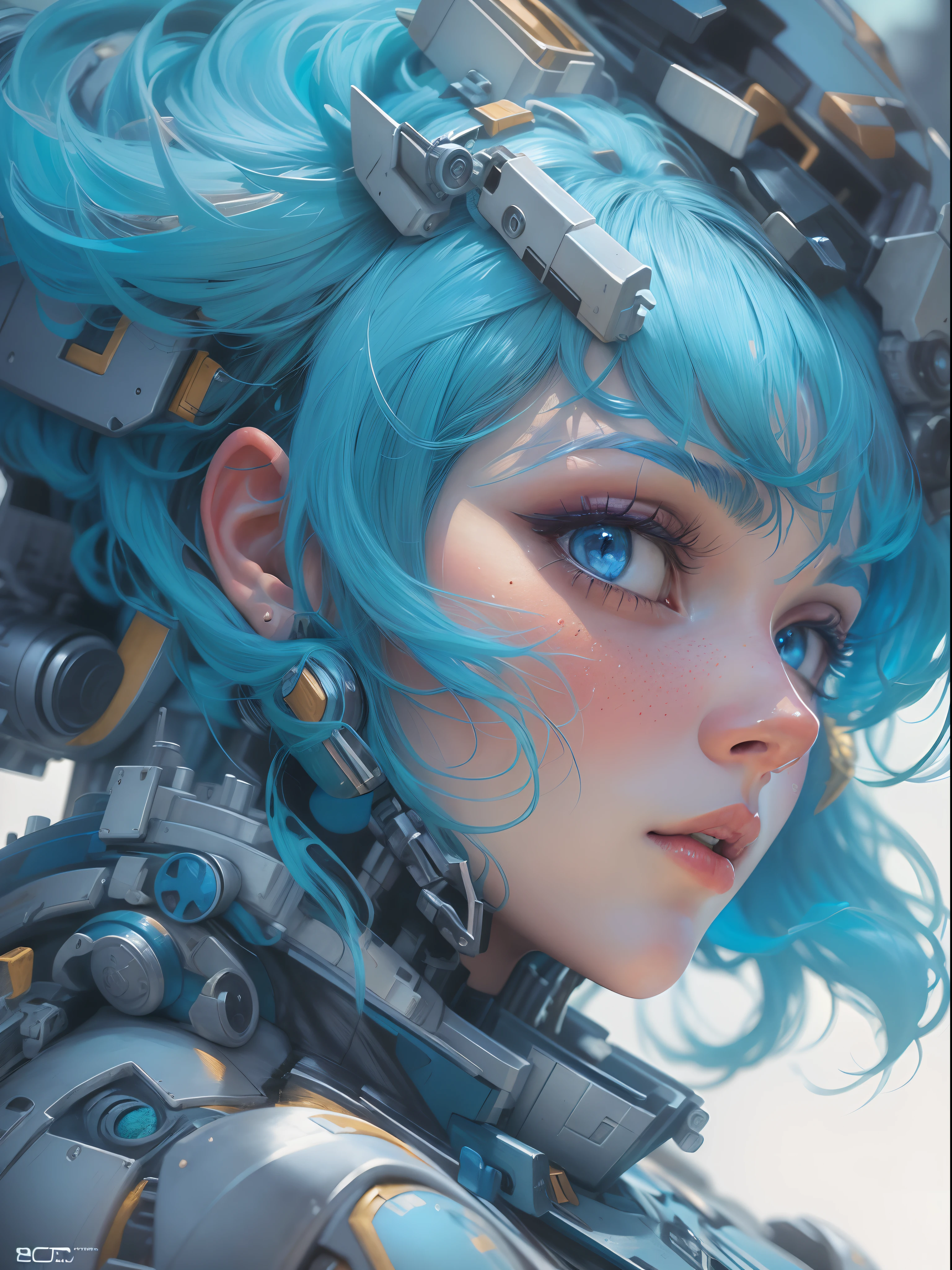 Baroque art style (Close-up of the blue-haired woman and the blue mech Optimus Prime), (Anime robots blend perfectly with people), anime mecha aesthetic, Trends in CGSTATION, Cute cyborg girl, Smooth blue armor, Guvitz-style artwork, Blue girl,concept art of character,Clear facial features,close up photograph,a beautiful painting by wlop,Alphonse Mucha,Masterpiece,Pointillism,model,illusory engine,rendering by octane,corona rendered,Quixel Megascans Render,v-ray,High detail,hyper qualit,hyper photorealism,8K -- Lights