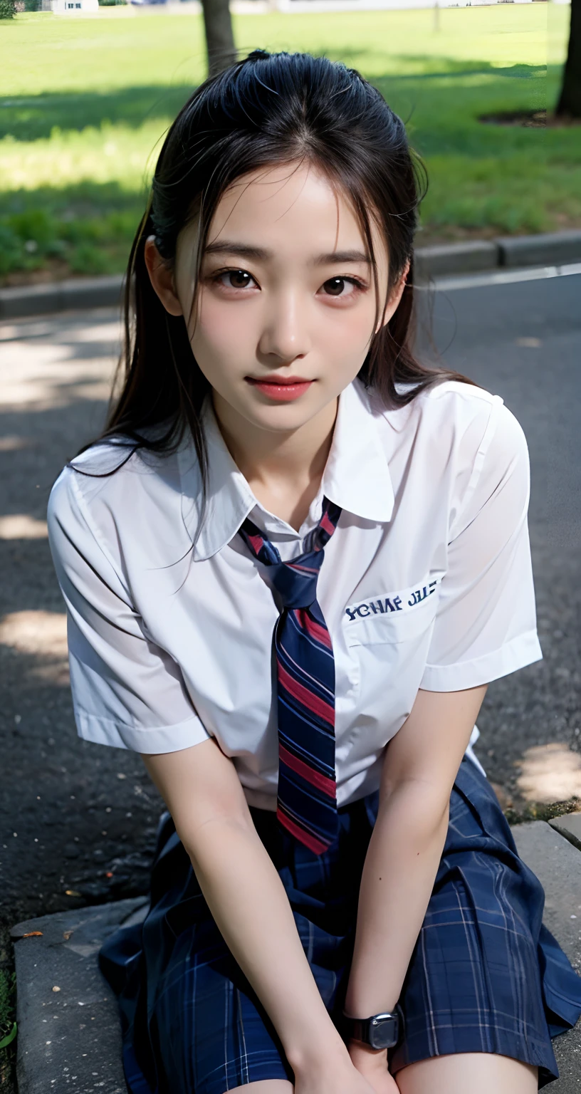 ((top-quality、​masterpiece))、Raw photography、8K、top-quality、 超A high resolution、Beautiful face in every detail、Realistic human skin、Gentle expression、front-facing view、Farbe々From an angle、realisitic、Photorealsitic、Beautie、length hair、a short skirt、Beautiful schoolgirl、Japan schoolgirl wearing uniform、Surreal High School Girl、(wrist watch)、neck tie、smil、a park、blue-sky、lawn、