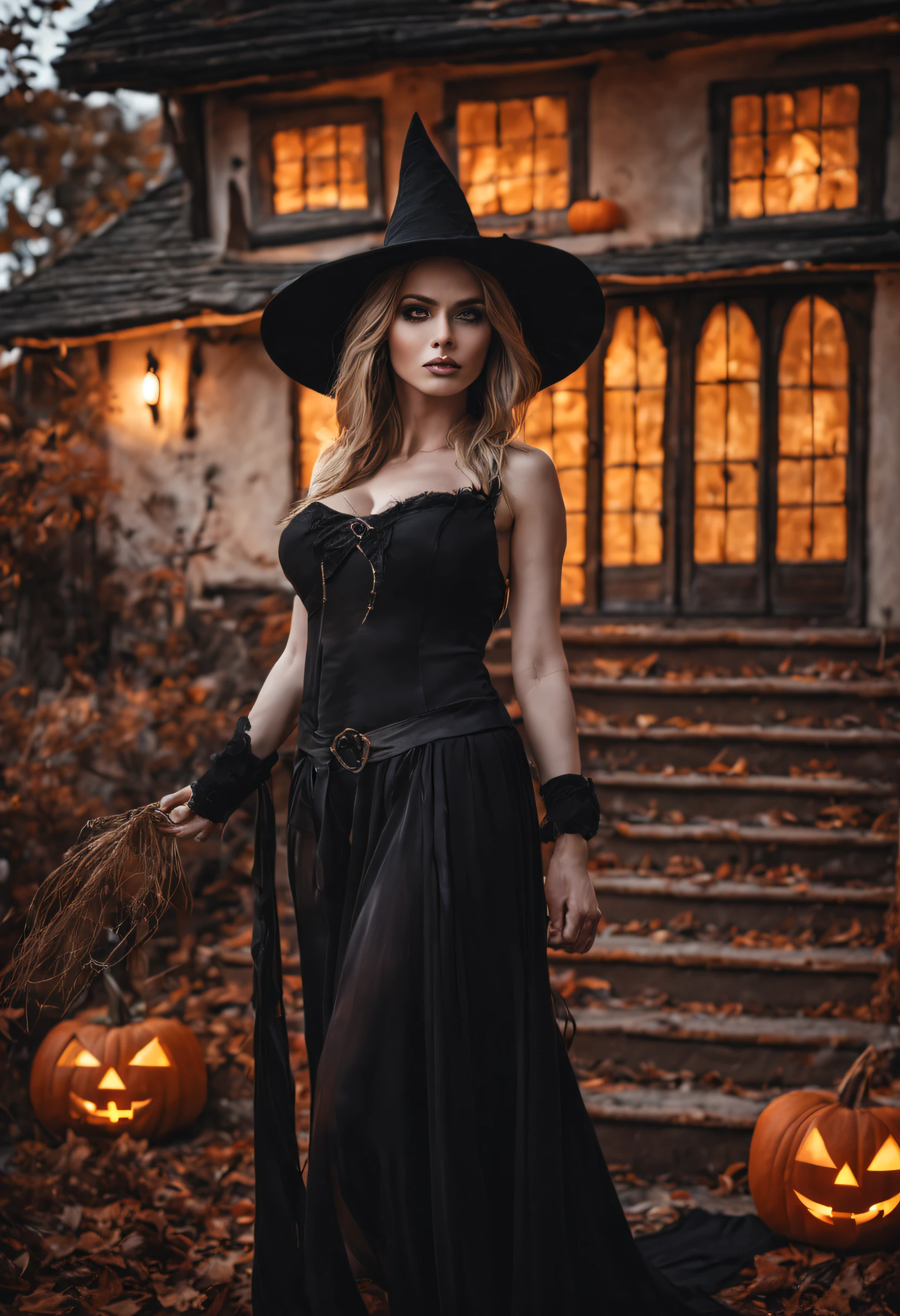 girl, beautiful cute woman super model, super sensual pose, 22 years old, perfect anatomy, ultra realistic, photo realistic, 8k resolution, raw photo, perfect white balance, high quality, high detail, cinematic, rim light, wearing beautiful halloween witch, witch cloak, portrait, full body, dynamic pose, night bokeh, fantasy halloween old house