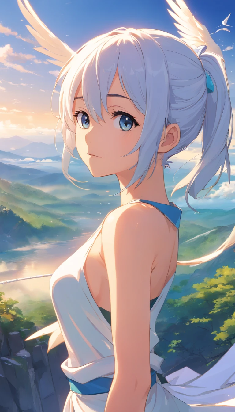 best qualtiy， tmasterpiece， 超高分辨率， realisticlying，1 female，White high ponytail，（Fairy clothes set），（Sword dance），An arrogant face，Immortal Mountain，white crane，wide angles