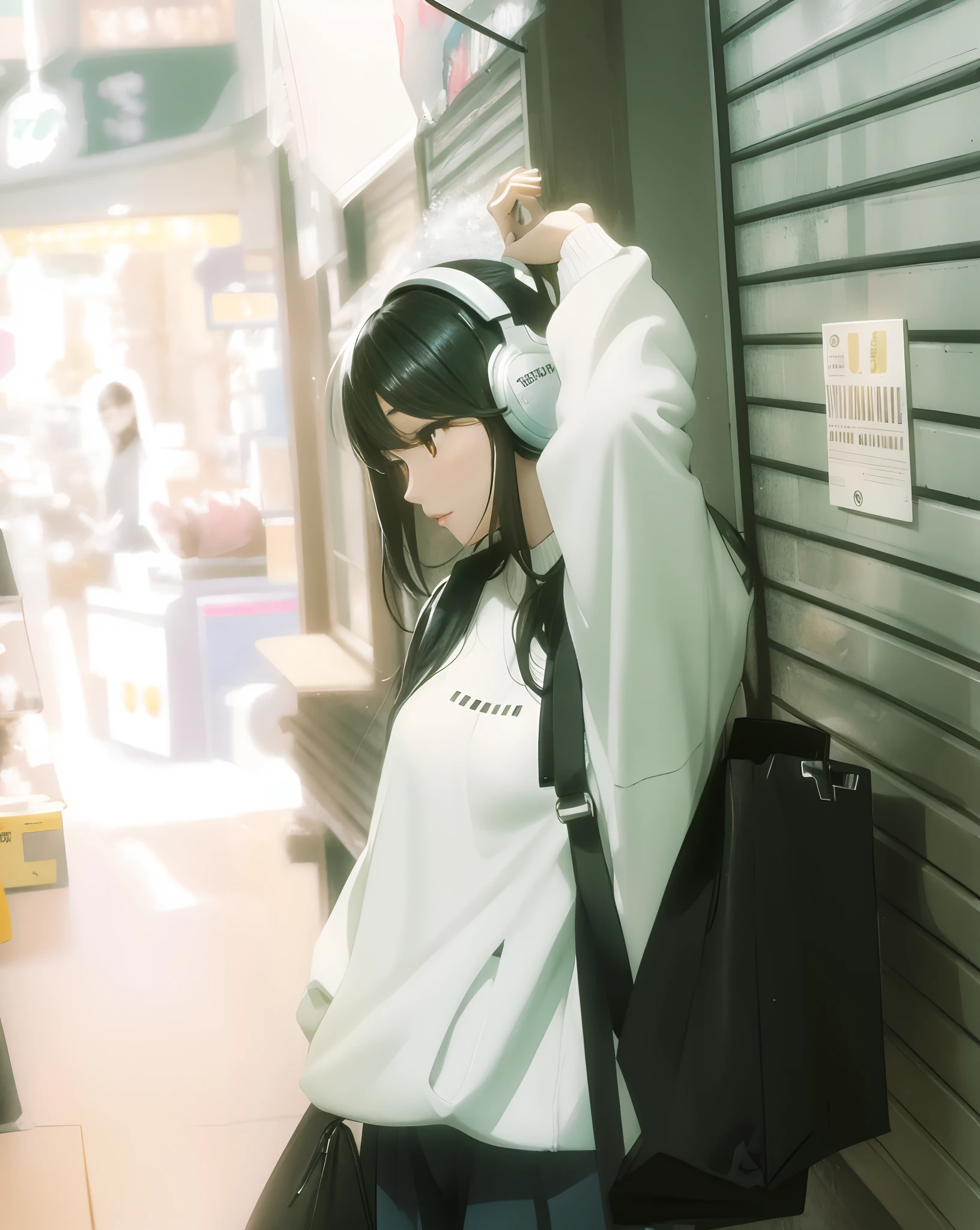 1 beautiful Korean girl, facing sideways, wearing a plain white sweater, long black hair, wearing a black bag, wearing white Bluetooth headphones, 2 hands up holding each other, leaning against the shop, has beautiful eyes, sharp nose, smiles