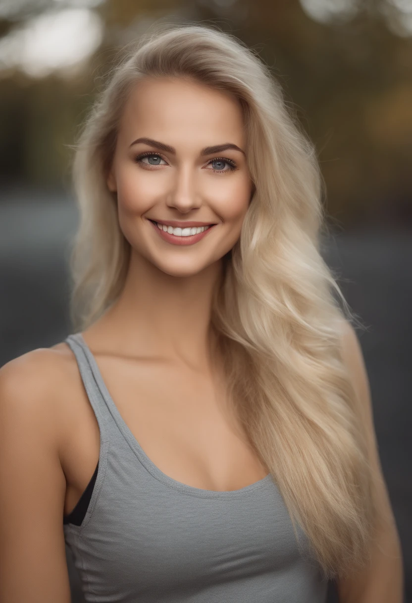arafed woman fully,Portrait de Corinna Kopf, sexy girl with blue eyes, ultra realistic, meticulously detailed, blonde hair and large eyes, selfie of a young woman, without makeup, natural makeup, face with artgram, subtle makeup, in the gym, butt in leggins, medium to large size bust, full body and legs visible, wide smile teeth