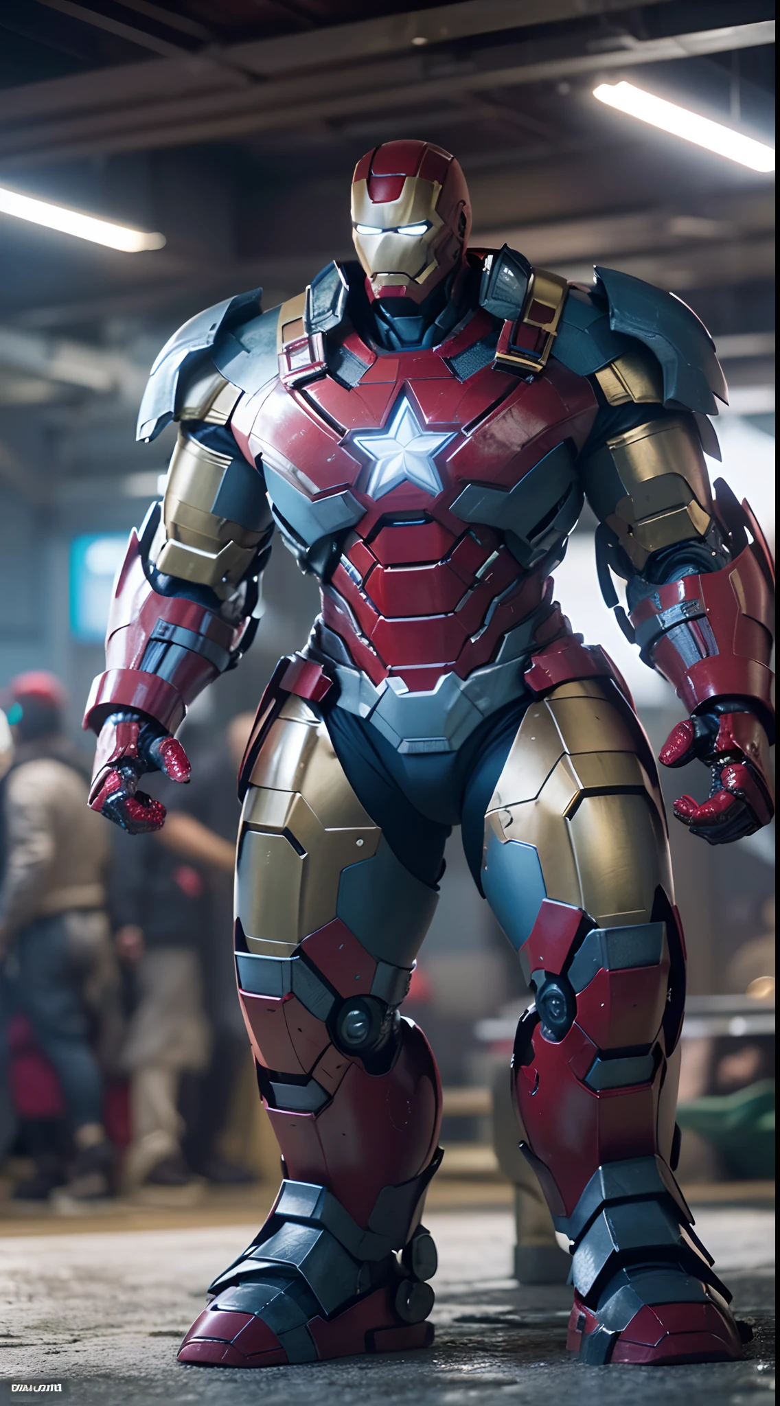 (The main subject: Wide-angle lens), Blue and red color scheme,Girl Captain America Iron Man(in a(humongous large breast)Anti-Hulk mech)，long whitr hair，ssmile,Realistic metal armor,shiny metal armor, ((Best quality,4K,8K,A high resolution,Masterpiece:1.2),(Realistic,Photorealistic,photo-realistic:1.37)).