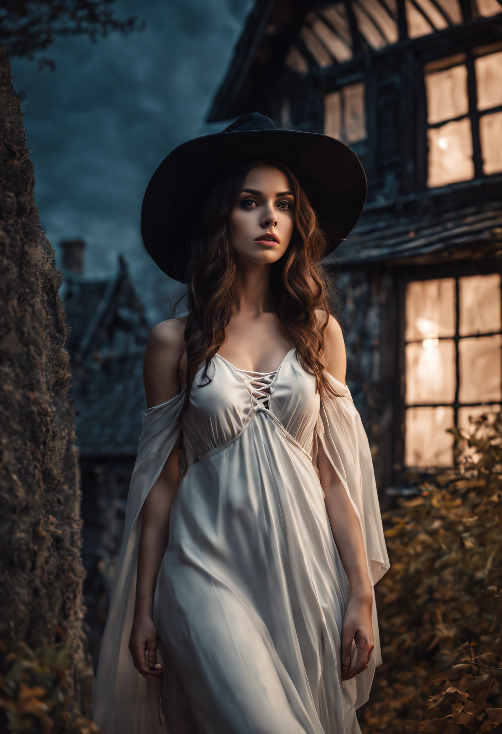 girl, beautiful cute woman super model, super sensual pose, 22 years old, perfect anatomy, ultra realistic, photo realistic, 8k resolution, raw photo, perfect white balance, high quality, high detail, cinematic, rim light, wearing beautiful halloween witch, witch cloak, portrait, full body, dynamic pose, night bokeh, fantasy halloween old house