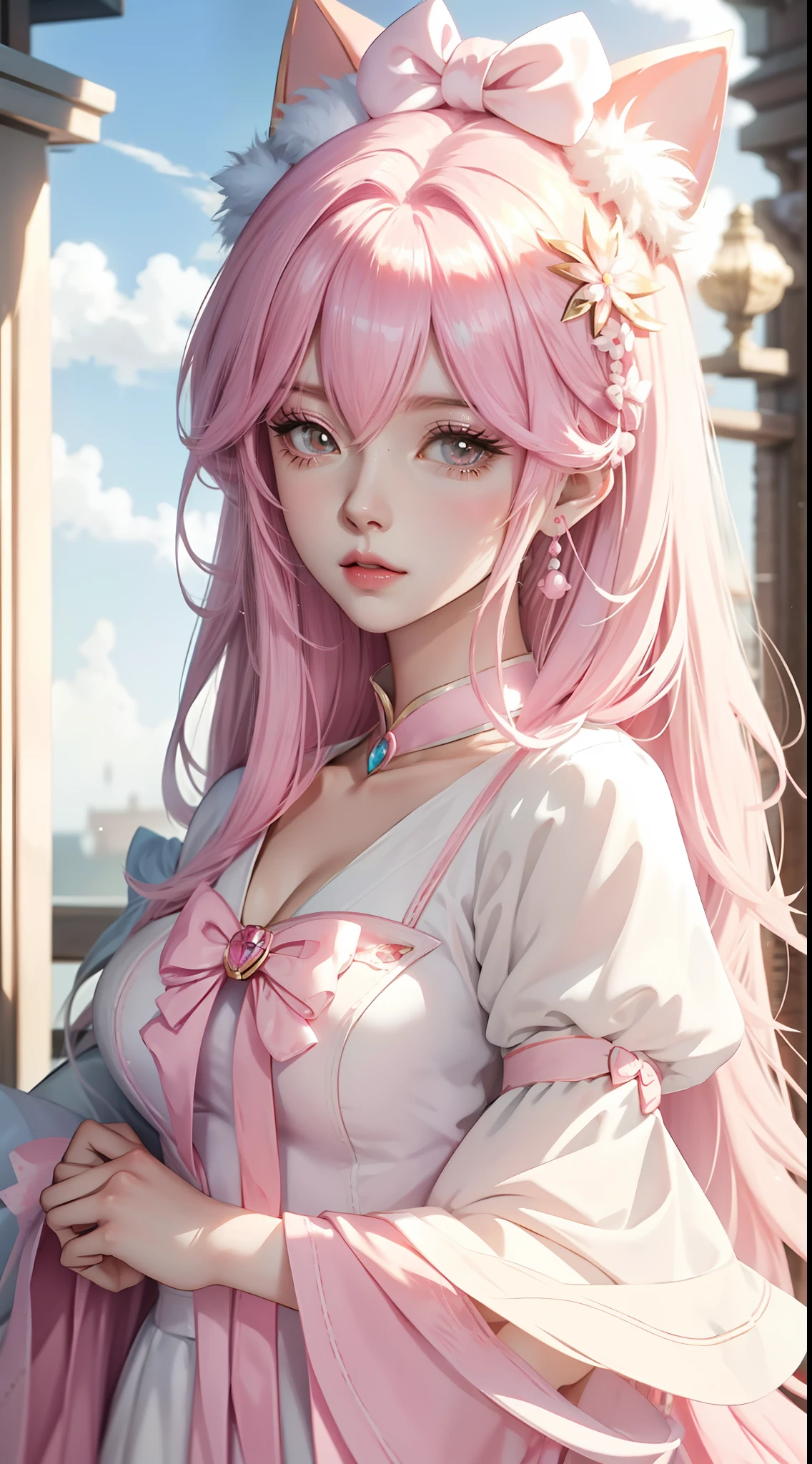 Anime girl pink hair white bow, , Beautiful character painting, , Stunning anime face portrait handsome royal sister cat ears