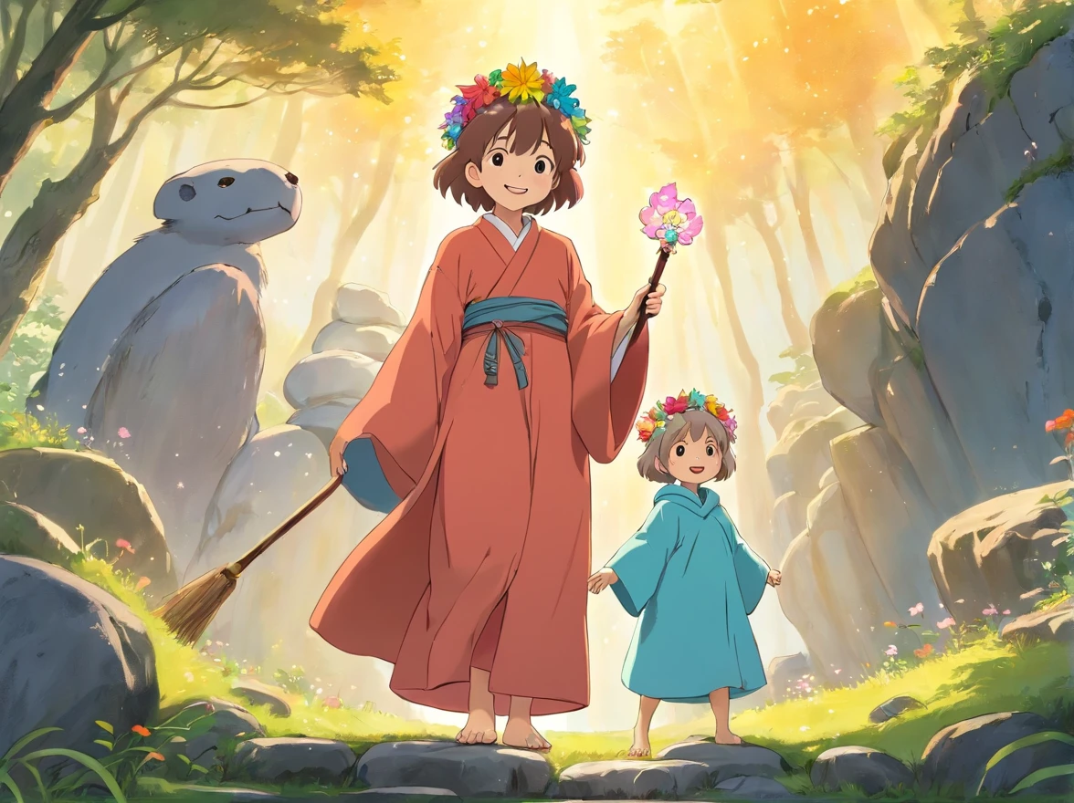 Wear beautiful robes，Wearing a flower crown on his head，With a smile on his face。The fairy with this magic wand in her hand talked lovingly with the little boy and the little girl，Little boy and little girl standing on a huge boulder