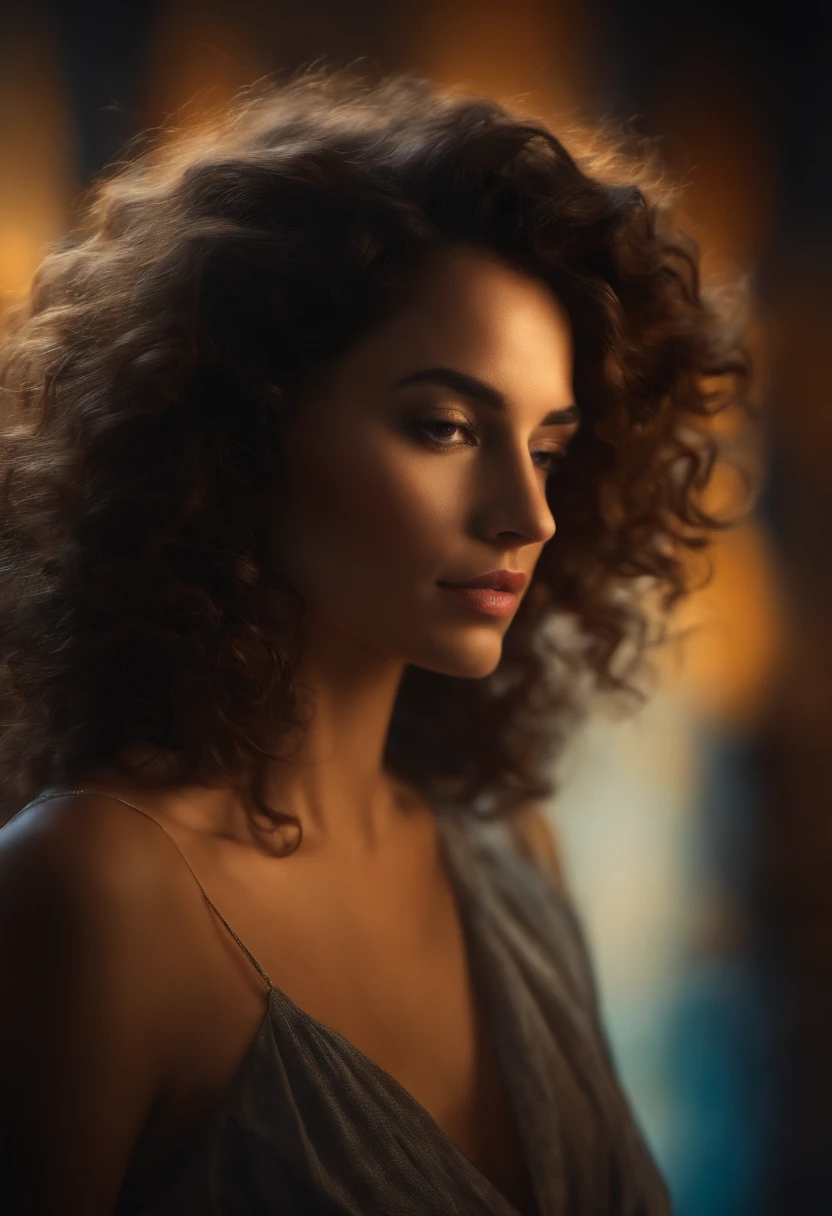 mulher morena, brown hair, curly hair, modern, Abstract expressionism, chiaroscuro, UHD, best quality