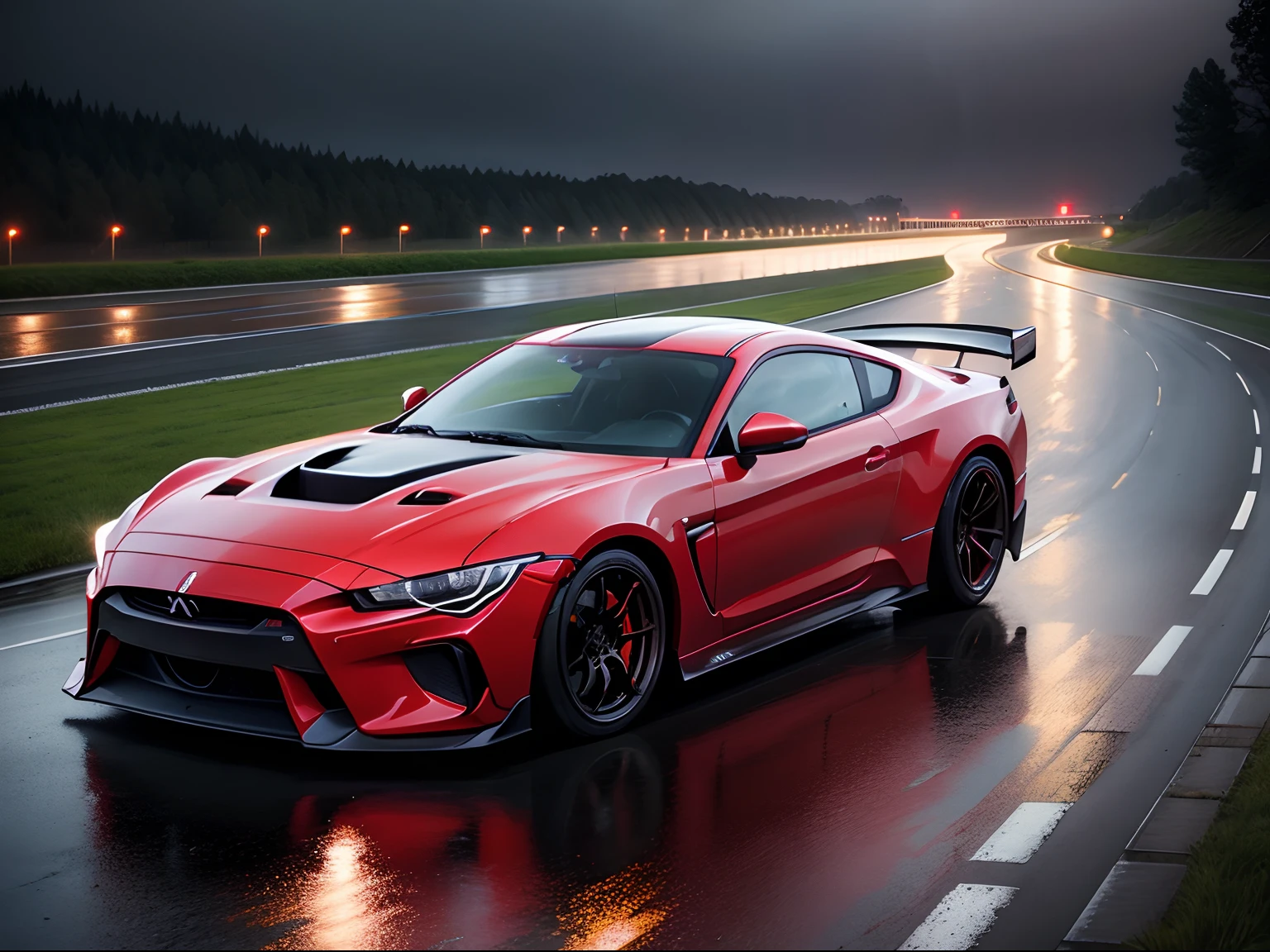 Red Mitsubishi Diamond GT3　Night rainy Autobahn Road　Realistic Rain