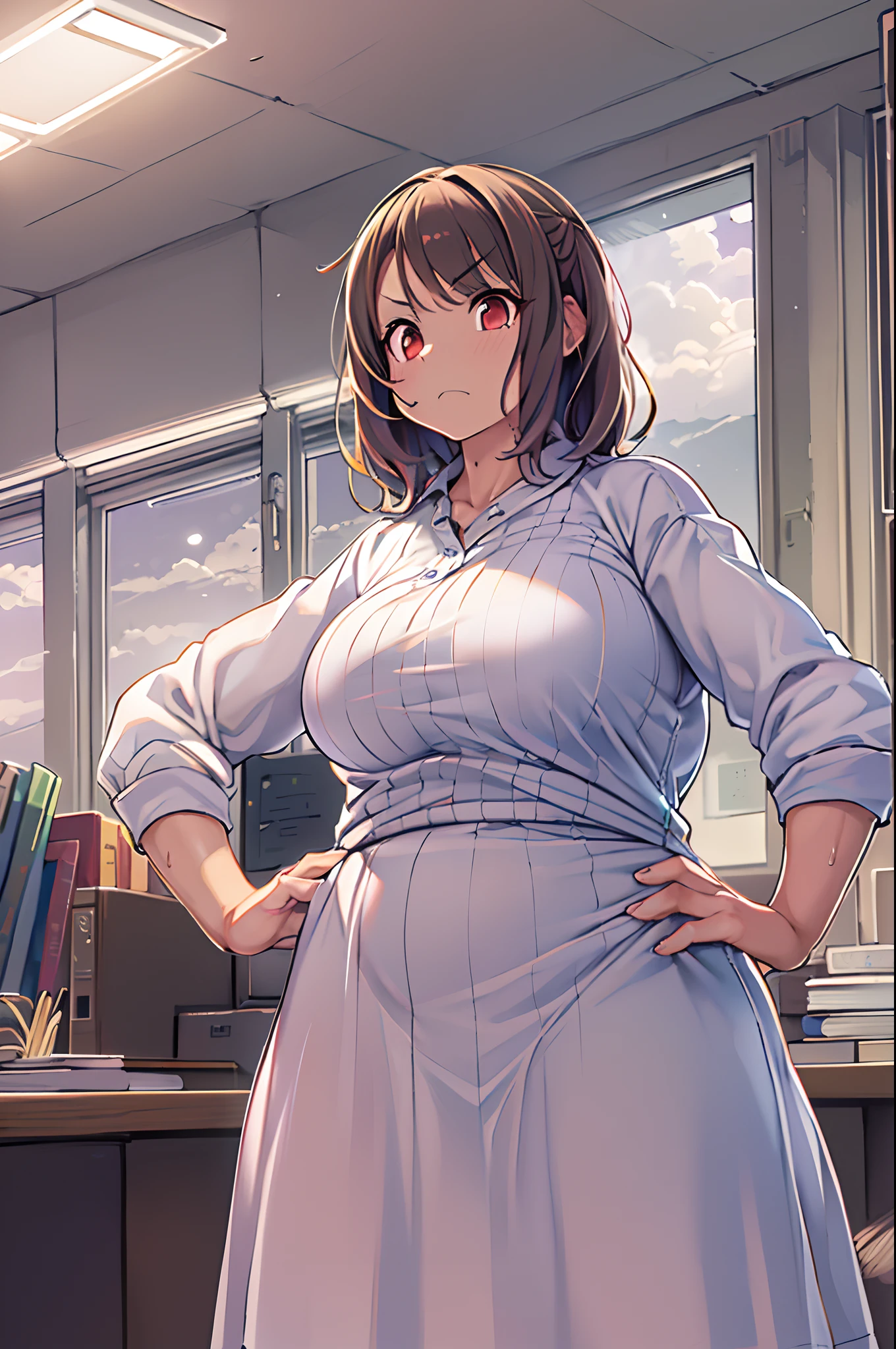 Italian girl, 25 years old, very long brown hair, gigantic breasts, thin, wearing a torn white shirt and a black pleated miniskirt, office, kneeling