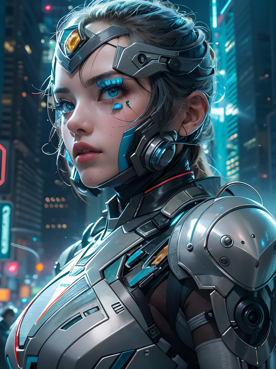 A mais alta qualidade de imagem, Detalhes marcantes, ultra-high resolution, (realismo: 1.4), The best illustration, favor details, 1man altamente condensado, com um rosto masculino e bonito, vestido com um mecha branca e azul, usando um mascara, segurando um controlador direcional, andar de moto, the background is a high-tech lighting scene of the future city.