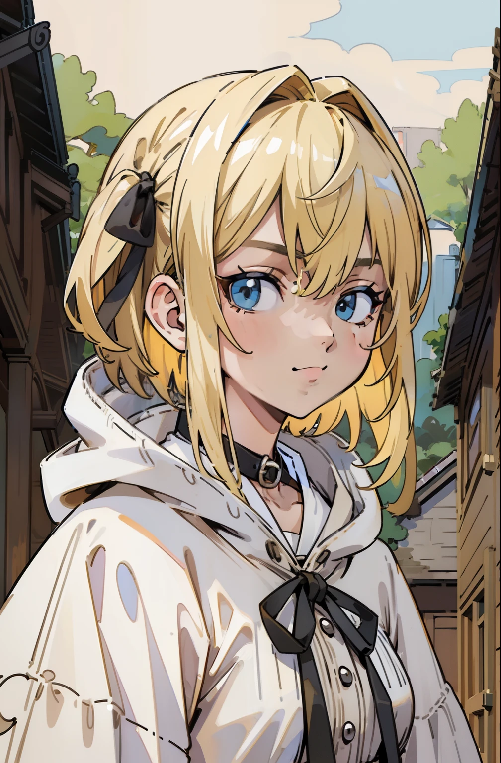 (masterpiece, best quality, ultra-detailed, illustration), beautiful face, blonde hair, perfect body, 1girl in, solo, hoodies and camisoles, hair ribbon, dress, straps, village, old houses, outdoors, folk, legends, collar