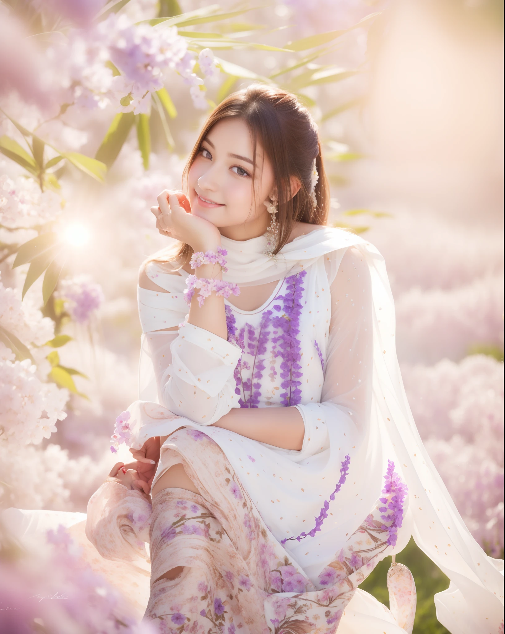 Best quality, masterpiece, ultra high res, (photorealistic:1.4), raw photo, 1girl, white dress, off shoulder, blossom violet flower field, glowing skin, light smile