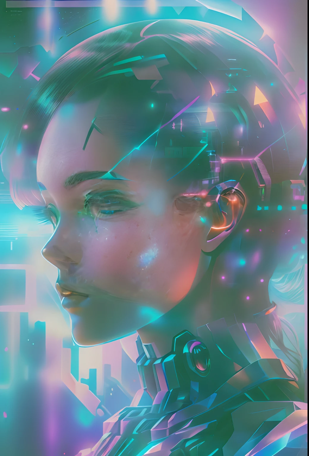 mecha-girl，Futuristic virtual holographic digital image background，（Doubleexposure：1.8），Complex illustrations in surrealist art style，Surreal dreams，Incognito as a virtual hologram person，Transparent people，Virtual holographic digital image