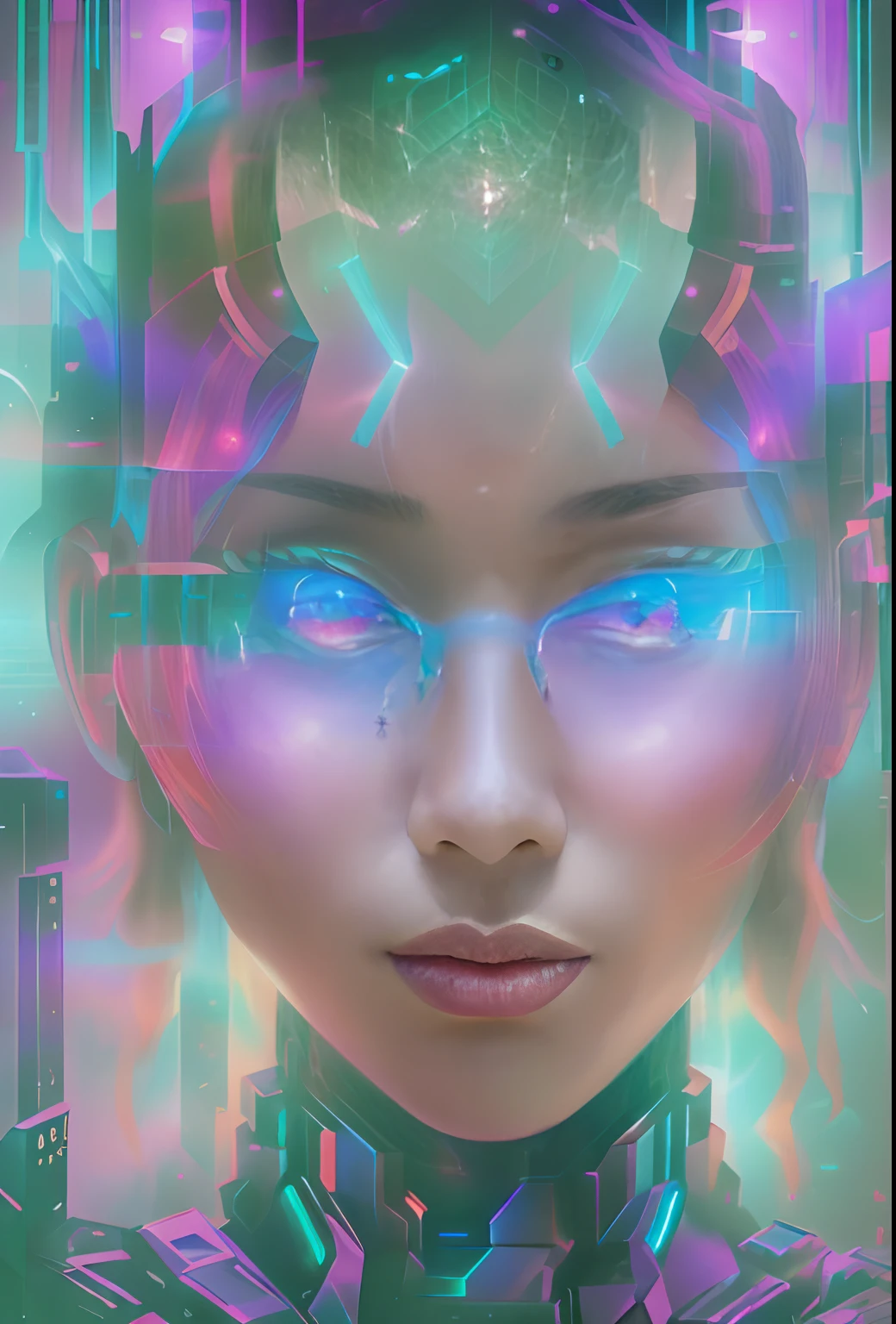 mecha-girl,Futuristic virtual holographic digital image background,(Doubleexposure:1.8),Complex illustrations in surrealist art style,Surreal dreams,Incognito as a virtual hologram person,Transparent people,Virtual holographic digital image