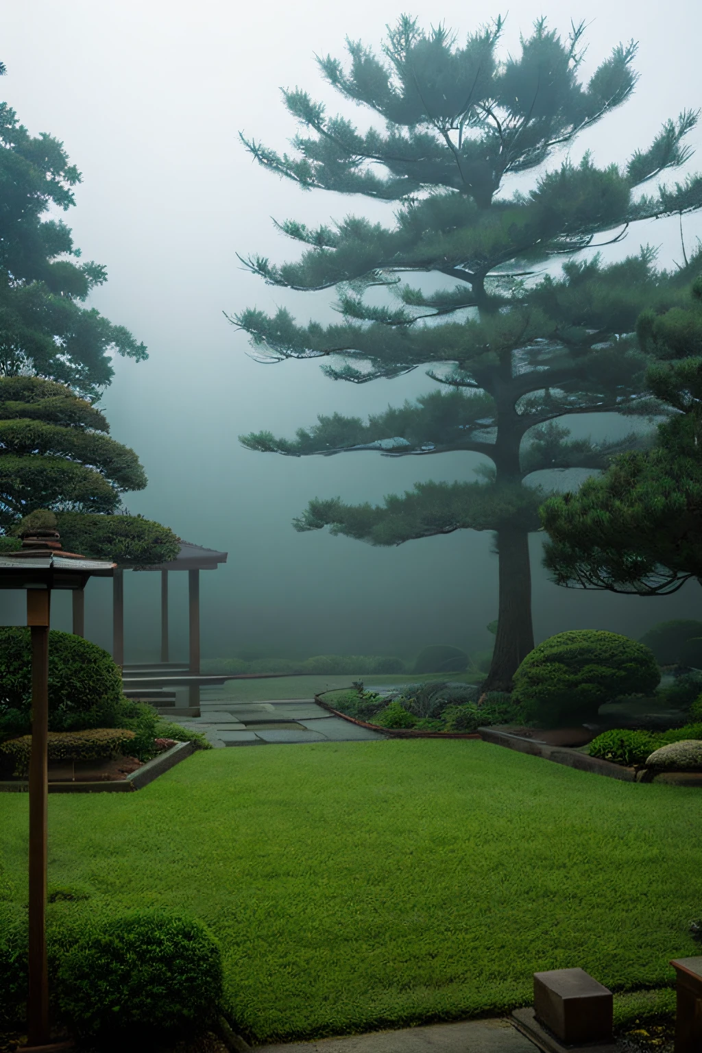 Japanese garden、Creepy、eerie atmosphere、It's foggy、