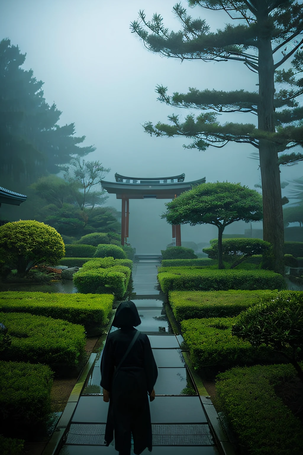 Japanese garden、Creepy、eerie atmosphere、It's foggy、