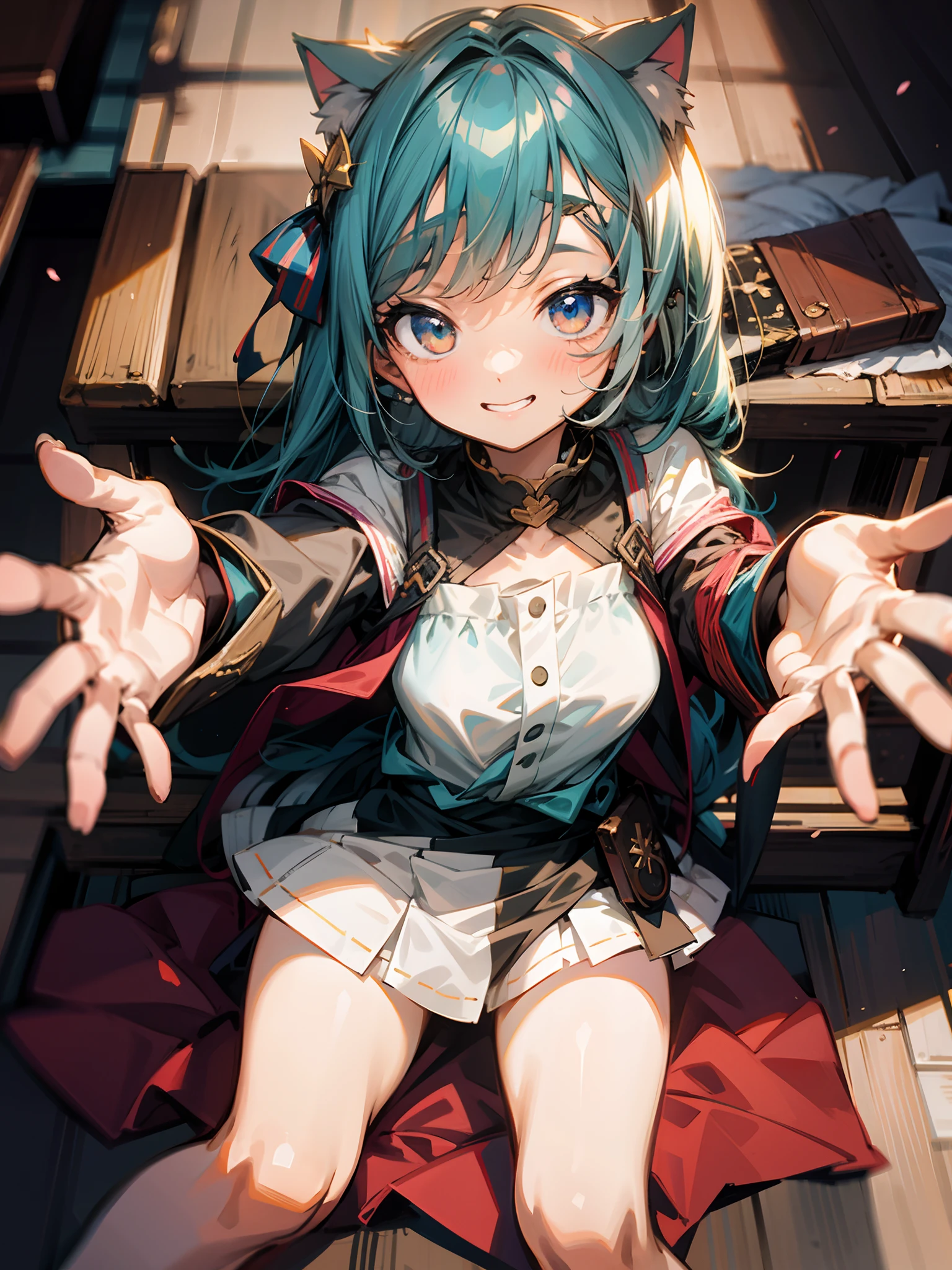 ((masterpiece, best quality)), high resolution,ultra detailed,8k,16k,detailed background, perfect lighting,detailed beautiful eyes,perfect fingers,(1girl,solo),nsfw,embarrassed,blush,show off pussy,steam,sweat,wet,in heat,(happy smile:1.2),look at viewer,face focus,(from above:1.2),(front view:1.2),cowboy shot,cum in vagina,open mouth,seductive eyes,fisheye lens,be breathless,sitting,slender,fair skin,small breast,hair ornament, green hair, twintails, long hair,(library,skirt lift,bottomless)