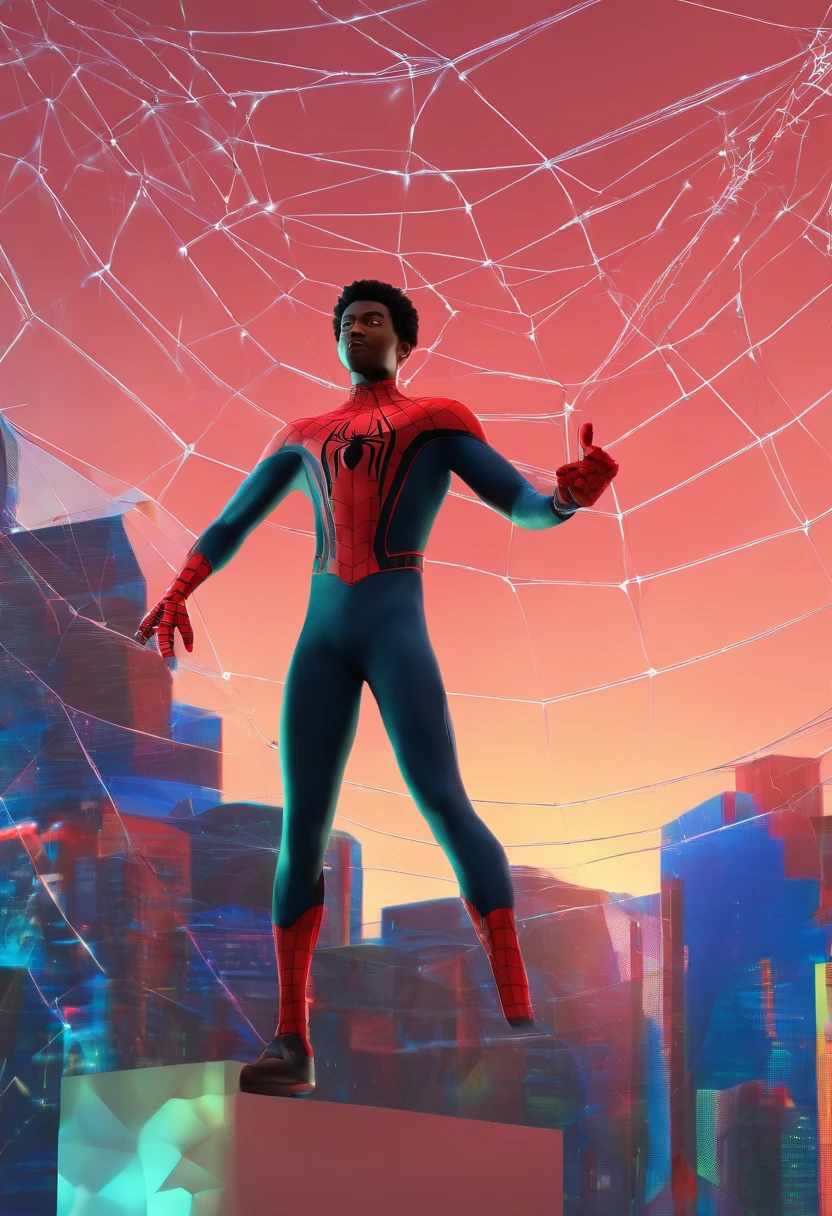 full body, solo, boy, power, smirk, selfie, looking at viewer, black afro hair, green eyes, spiderman suit, spider web print, spider web, blue sky, miles morales,