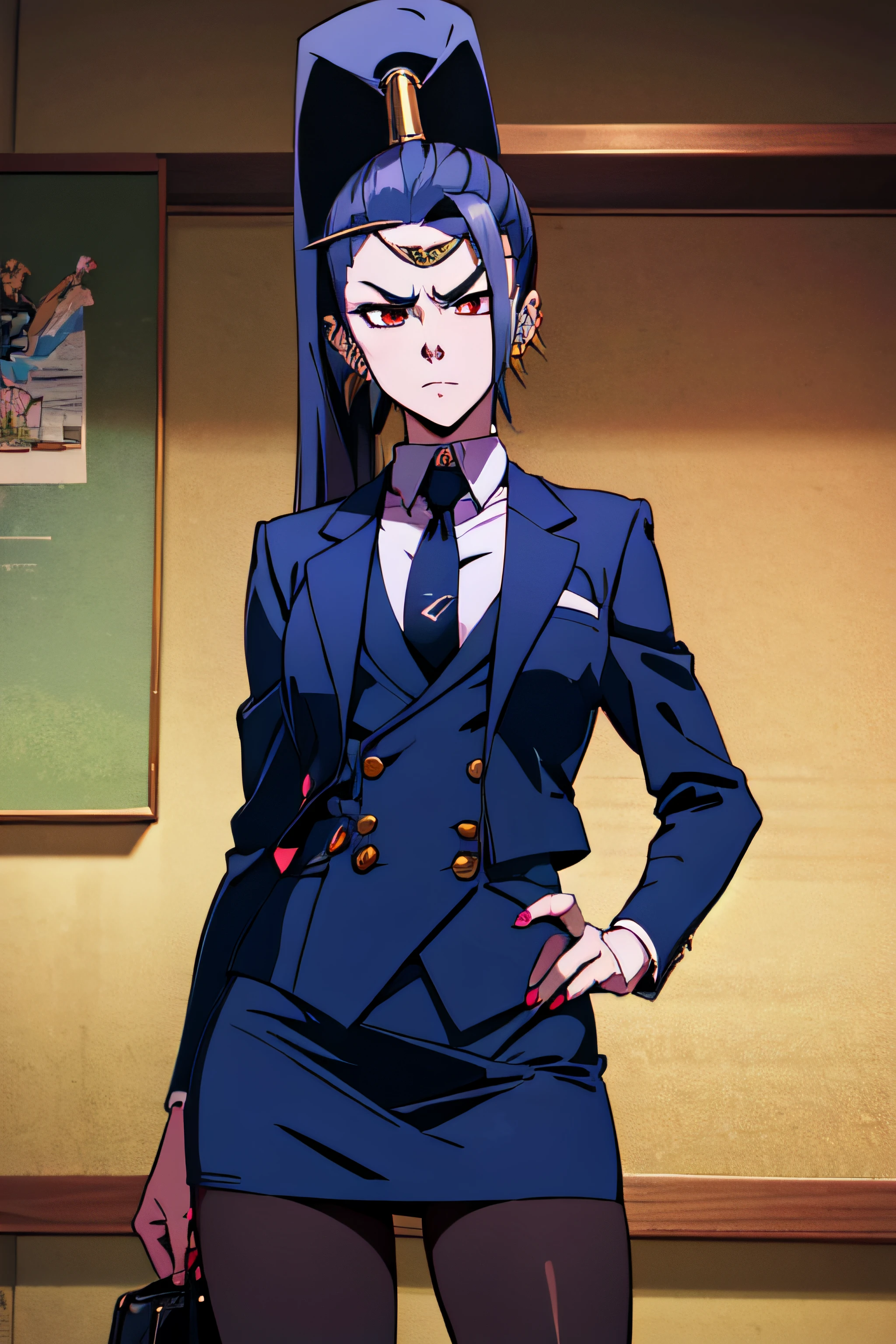 megaera, 1girl, solo, ponytail, colored skin,  skirt suit, (((three-piece suit))), (((necktie))), (((blazer))), (((suit jacket))), (((waistcoat))), double-breasted waistcoat, (((bodycon miniskirt))), pencil skirt, pantyhose, tights, cufflinks, tie clip, pocketsquare, pocket watch, long sleeves, piercing, ear piercing, blue skin, single wing, facing viewer, looking at viewer, scowl