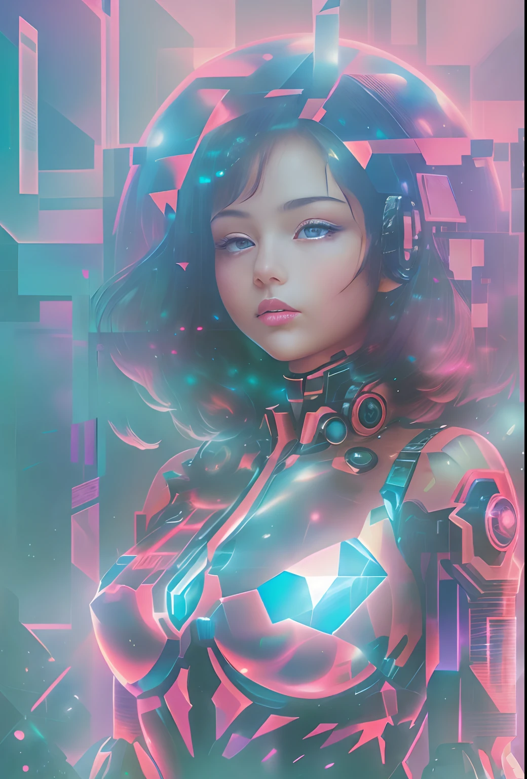 mecha-girl,Futuristic virtual holographic digital image background,(Doubleexposure:1.8),Complex illustrations in surrealist art style,Surreal dreams,Incognito as a virtual hologram person,Transparent people,Virtual holographic digital image