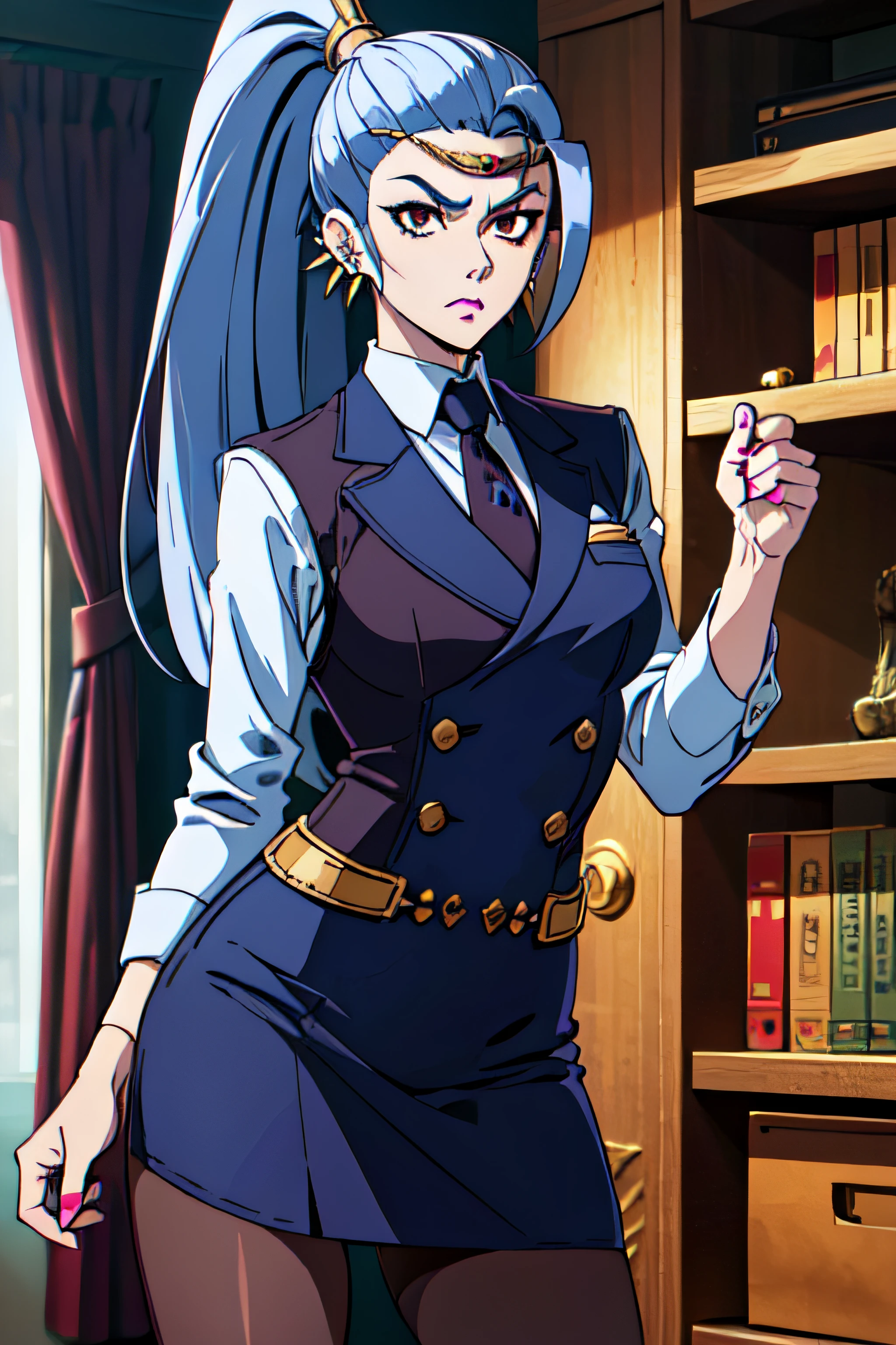 megaera, 1girl, solo, ponytail, colored skin, skirt suit, (((three-piece suit))), (((necktie))), (((blazer))), (((suit jacket))), (((waistcoat))), double-breasted waistcoat, (((bodycon miniskirt))), pencil skirt, pantyhose, tights, cufflinks, tie clip, pocketsquare, pocket watch, long sleeves, piercing, ear piercing, blue skin, single wing, facing viewer, looking at viewer, scowl