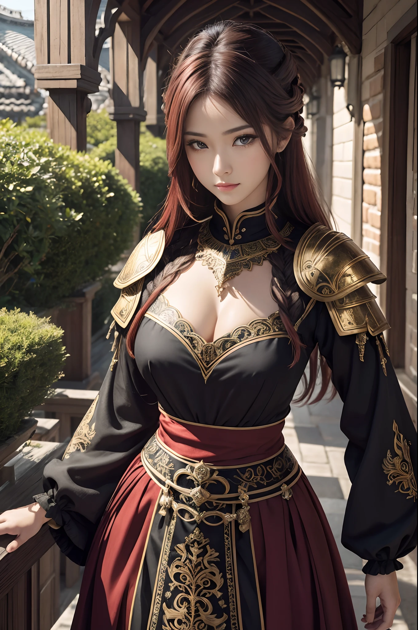 (dark shot:1.1)The whole body of a mature holy knight,Big sexy holy knight chest armor(absurderes、hight resolution、The ultra-detailliert)、One woman's whole body、Red and white female Holy Knight armor,Mature holy knight with big breasts、Extravagant black and gold trousers、Red hair short bob、Skinny and big、blue eyess、long-sleeve、finely eye and detailed face、intricate detailes、BREAK mosaic art、small pieces、colorful tesserae、Complex pattern、Tiled design、durable surfaces、Old fashioned technique BREAK macro photography、extreme close - up、intricate detailes、Enlarged texture、stunning clarity、Hidden beauty、Interruption of immersive perspective、artisanal creations、Handmade Products、unique designs、intricate detailes、Creative expression、skilled craftsmanship、魅惑的、enticing、English Garden、Rugged look
