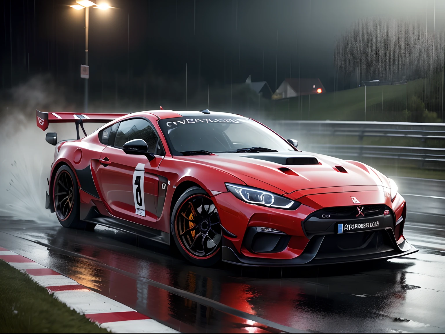 Red Mitsubishi Emeraude GT3 Spa-Francorchamps in the rain at night Realistic Rain Bed light on