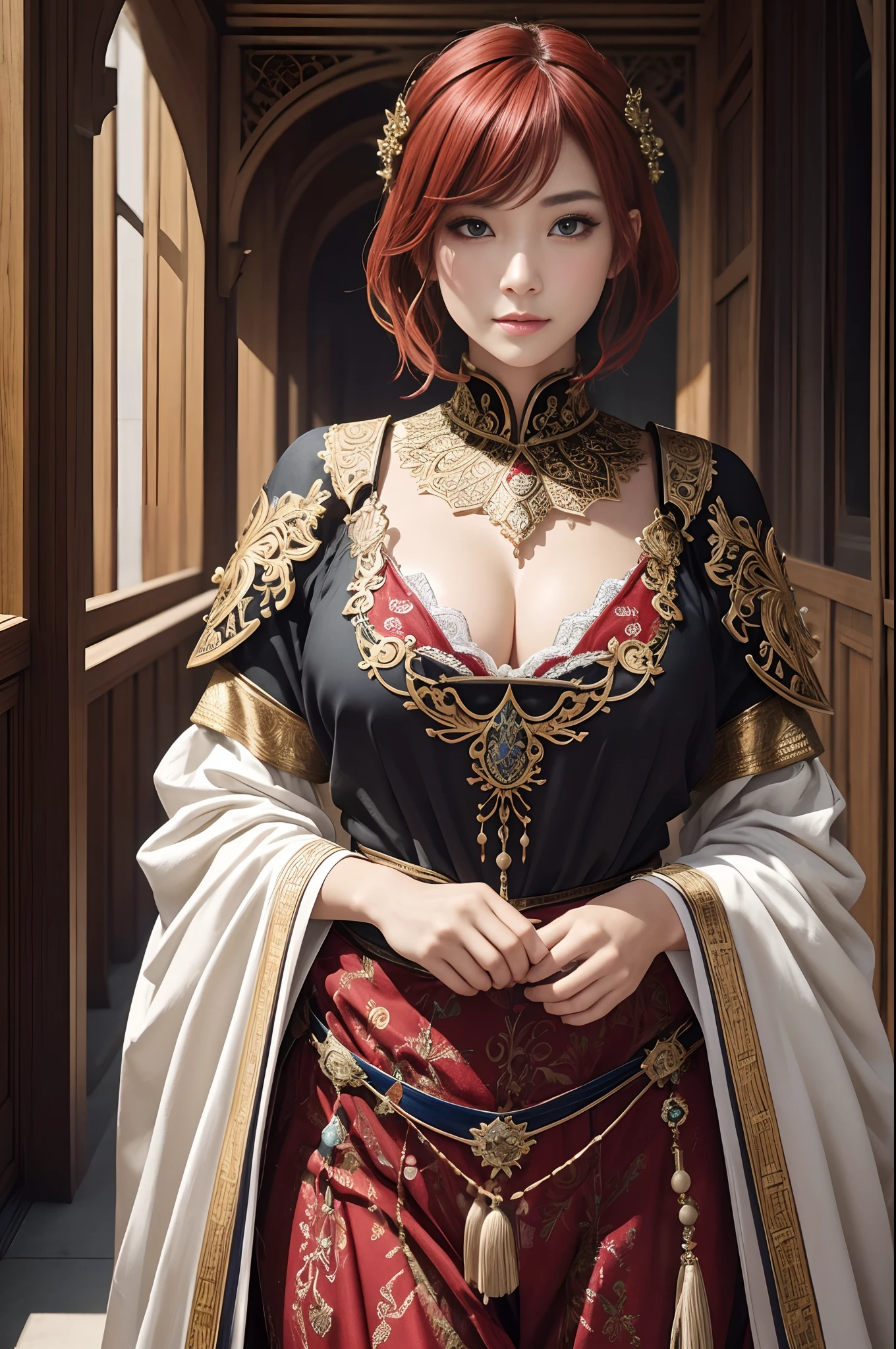 (dark shot:1.1)The whole body of a mature holy knight,Big sexy holy knight chest armor(absurderes、hight resolution、The ultra-detailliert)、One woman's whole body、Red and white female Holy Knight armor,Mature holy knight with big breasts、Extravagant black and gold trousers、Red hair short bob、Skinny and big、blue eyess、long-sleeve、finely eye and detailed face、intricate detailes、BREAK mosaic art、small pieces、colorful tesserae、Complex pattern、Tiled design、durable surfaces、Old fashioned technique BREAK macro photography、extreme close - up、intricate detailes、Enlarged texture、stunning clarity、Hidden beauty、Interruption of immersive perspective、artisanal creations、Handmade Products、unique designs、intricate detailes、Creative expression、skilled craftsmanship、魅惑的、enticing、English Garden、Rugged look