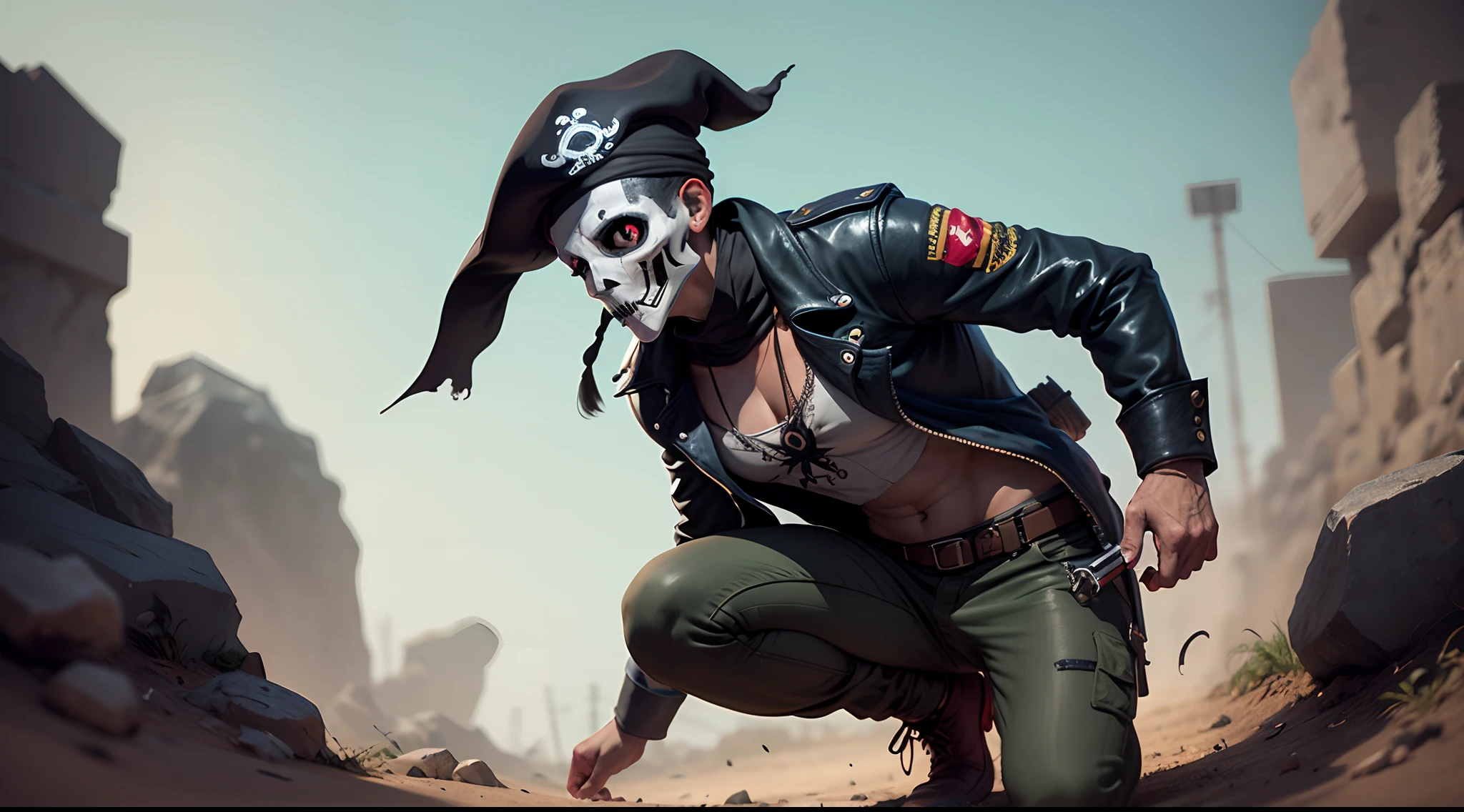Caveira pirata em busca de tesouros
