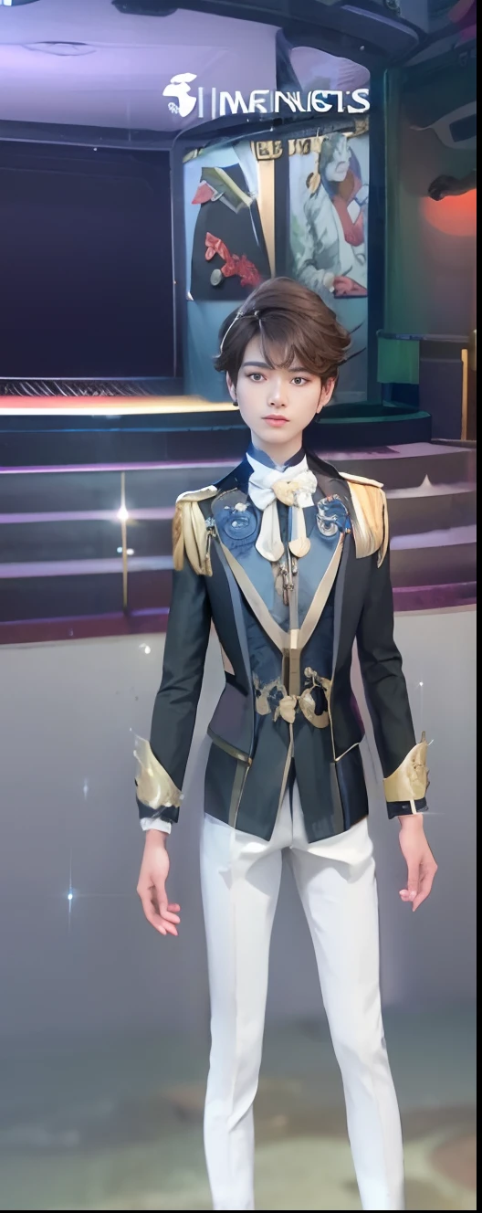 a close up of a person in a uniform on a stage, delicate androgynous prince, beautiful androgynous prince, royal elegant pose, gilded black uniform, wearing a black noble suit, wearing fantasy formal clothing, handsome prince, lunar themed attire, imperial royal elegant clothing, wearing a fancy jacket, ingame image, keqing from genshin impact