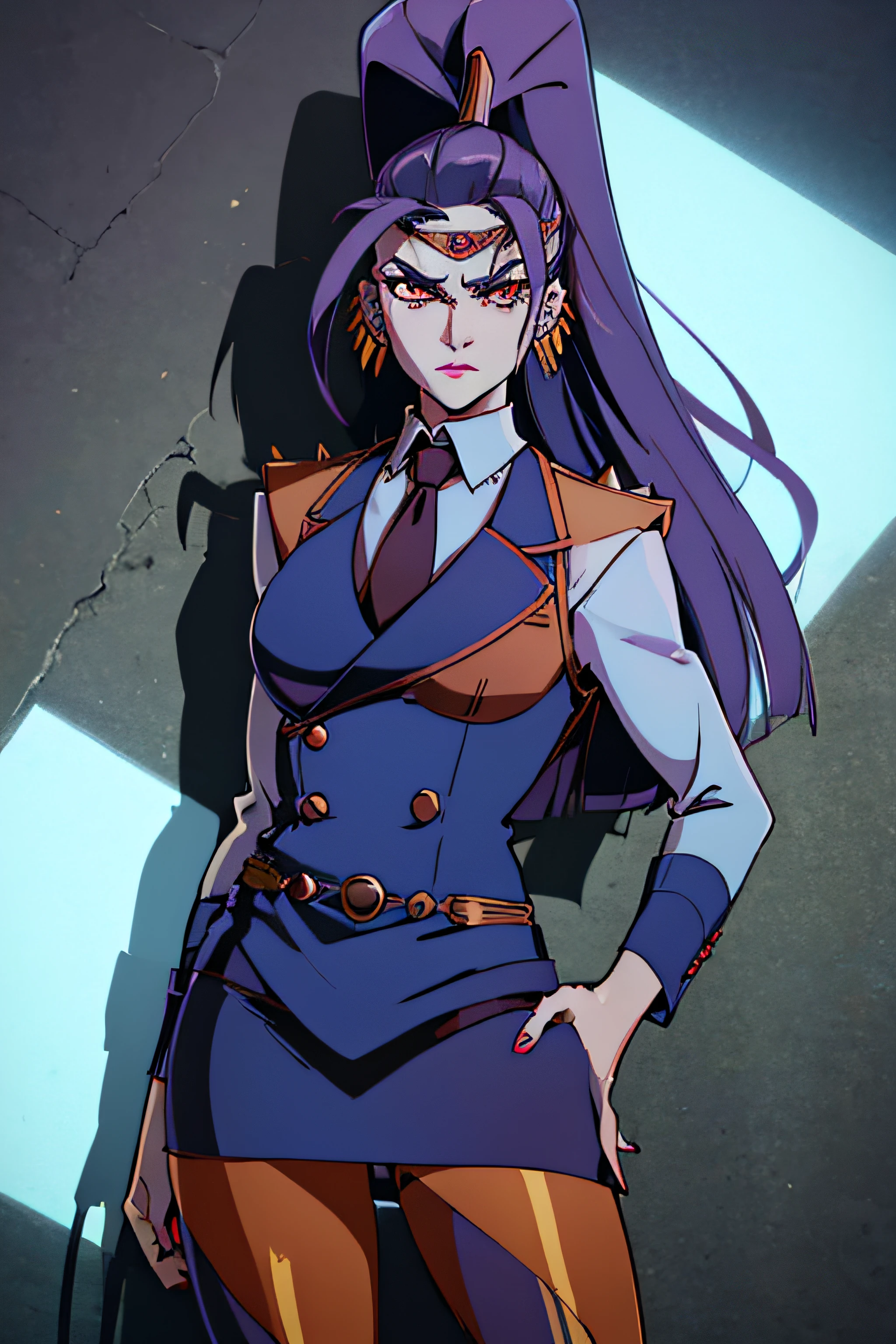 megaera, 1girl, solo, ponytail, colored skin, skirt suit, (((three-piece suit))), (((necktie))), (((blazer))), (((suit jacket))), (((waistcoat))), double-breasted waistcoat, (((bodycon miniskirt))), pencil skirt, pantyhose, tights, cufflinks, tie clip, pocketsquare, pocket watch, long sleeves, piercing, ear piercing, blue skin, single wing, facing viewer, looking at viewer, scowl