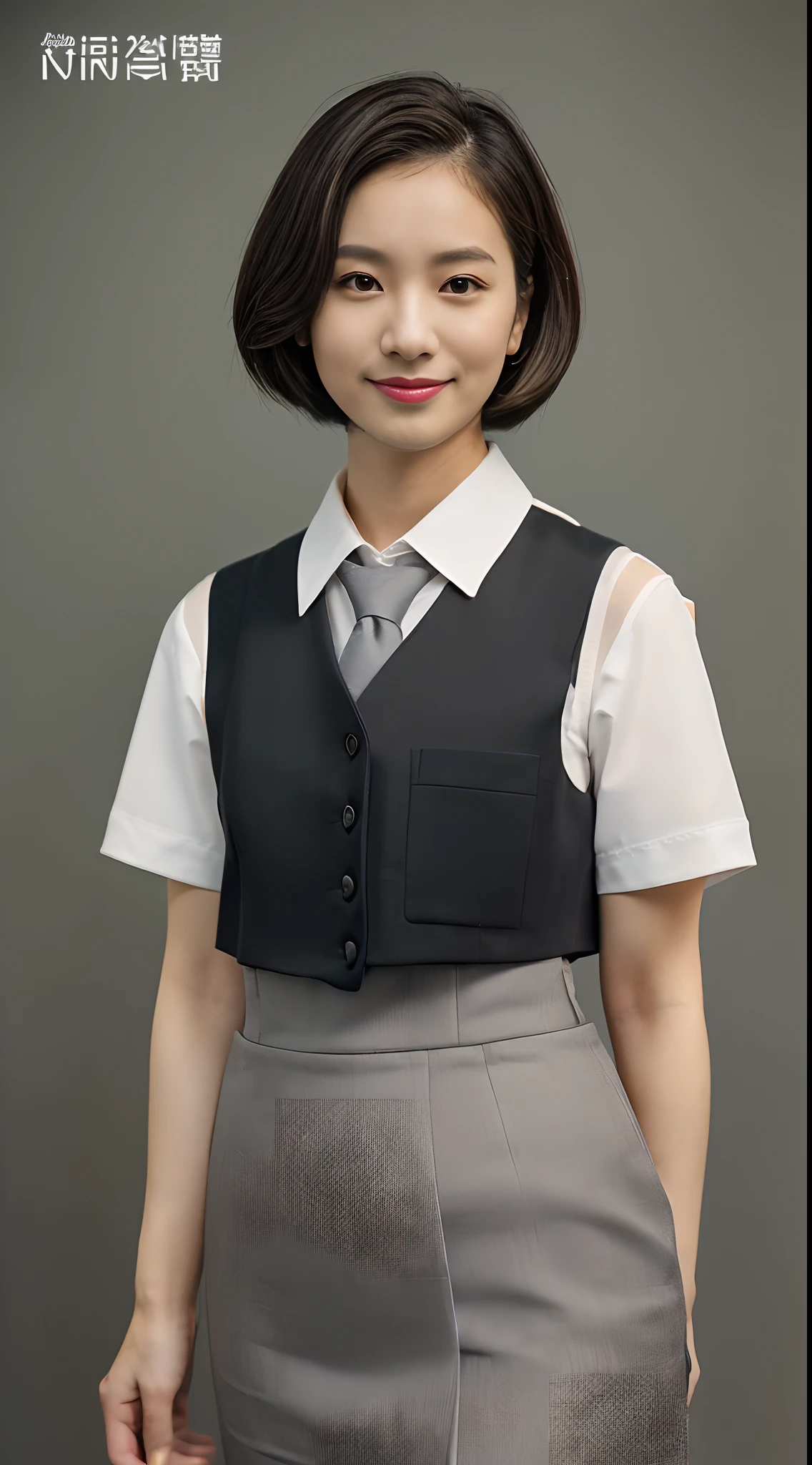 masutepiece, one beautiful women, ,(japanes), (s Office), (((White shirt))),(((Short stature)))(((Gray office suit tight skirt and gray office vest))), (),, (medium breasts), , ,(((Bob Hair))(, , (Skin Texture:1.1), Best Quality, 超A high resolution, (Photorealistic: 1.4), Raw photo, , nikon d850 film stock photograph, F1.6 lens, Rich colors, Realistic, cinestill 800, Backlight, Rim lighting, Studio Lighting,  ,((( A dark-haired))),(((full body Esbian))(((Facing the front)))(((mediocre figure))),(((Mediocre style)))(Black socks)smil,12year old