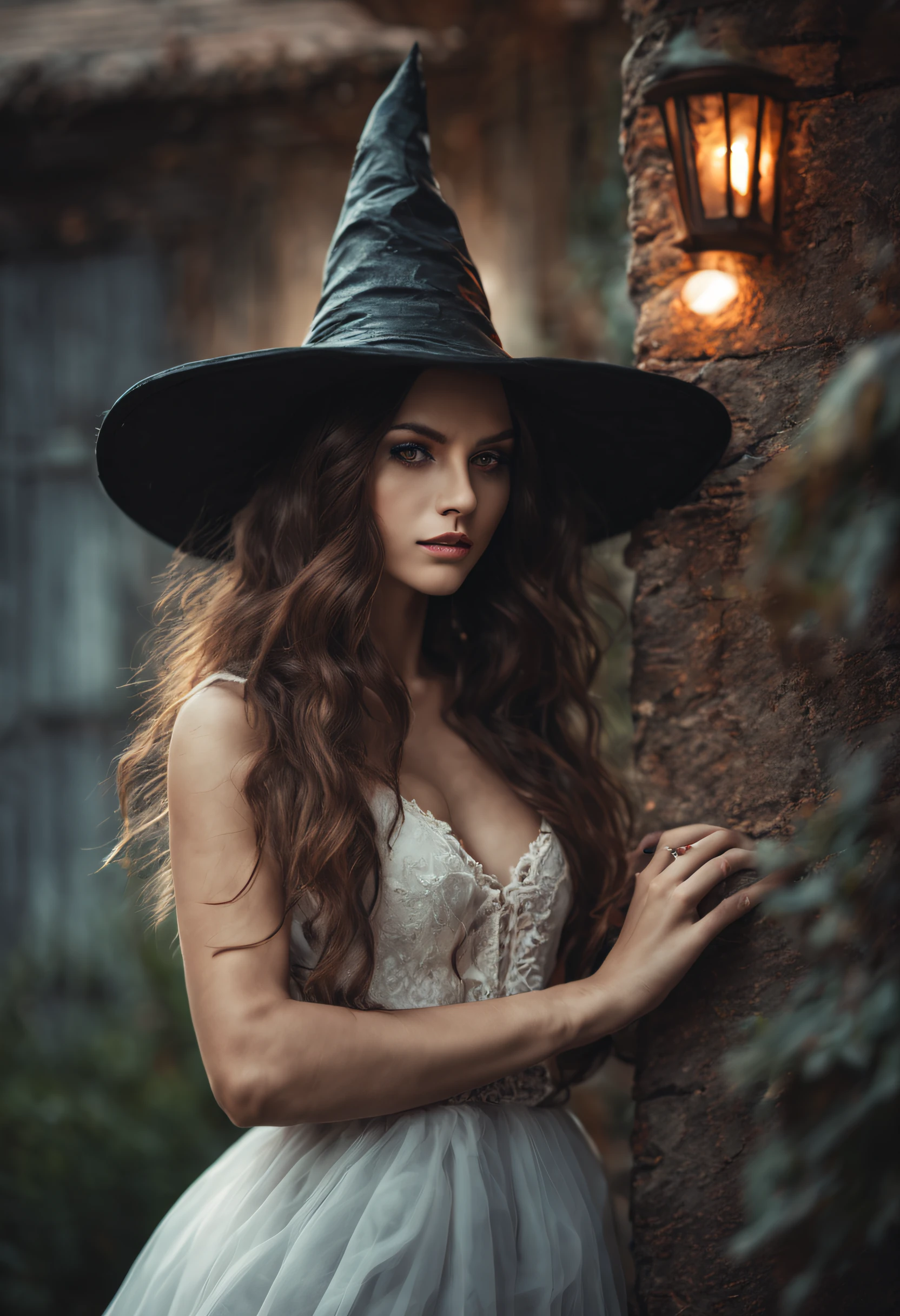 girl, beautiful cute woman super model, super sensual pose, 22 years old, perfect anatomy, ultra realistic, photo realistic, 8k resolution, raw photo, perfect white balance, high quality, high detail, cinematic, rim light, wearing beautiful halloween witch, witch cloak, portrait, full body, dynamic pose, night bokeh, fantasy halloween old house