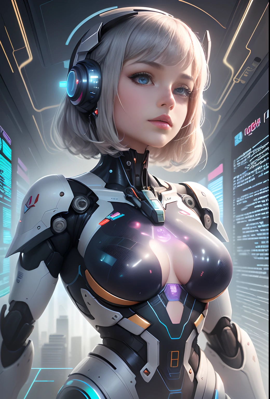 mecha-girl,Futuristic virtual holographic digital image background,(Doubleexposure:1.8),Complex illustrations in surrealist art style,Surreal dreams,Incognito as a virtual hologram person,Transparent people,Virtual holographic digital image