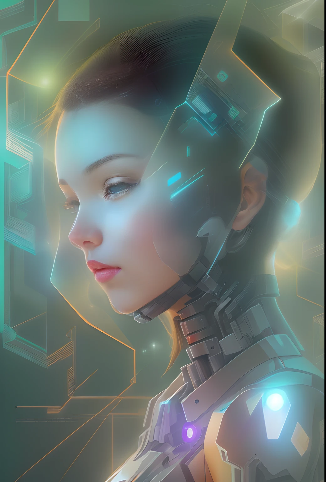 mecha-girl,Futuristic virtual holographic digital image background,(Doubleexposure:1.8),Complex illustrations in surrealist art style,Surreal dreams,Incognito as a virtual hologram person,Transparent people,Virtual holographic digital image