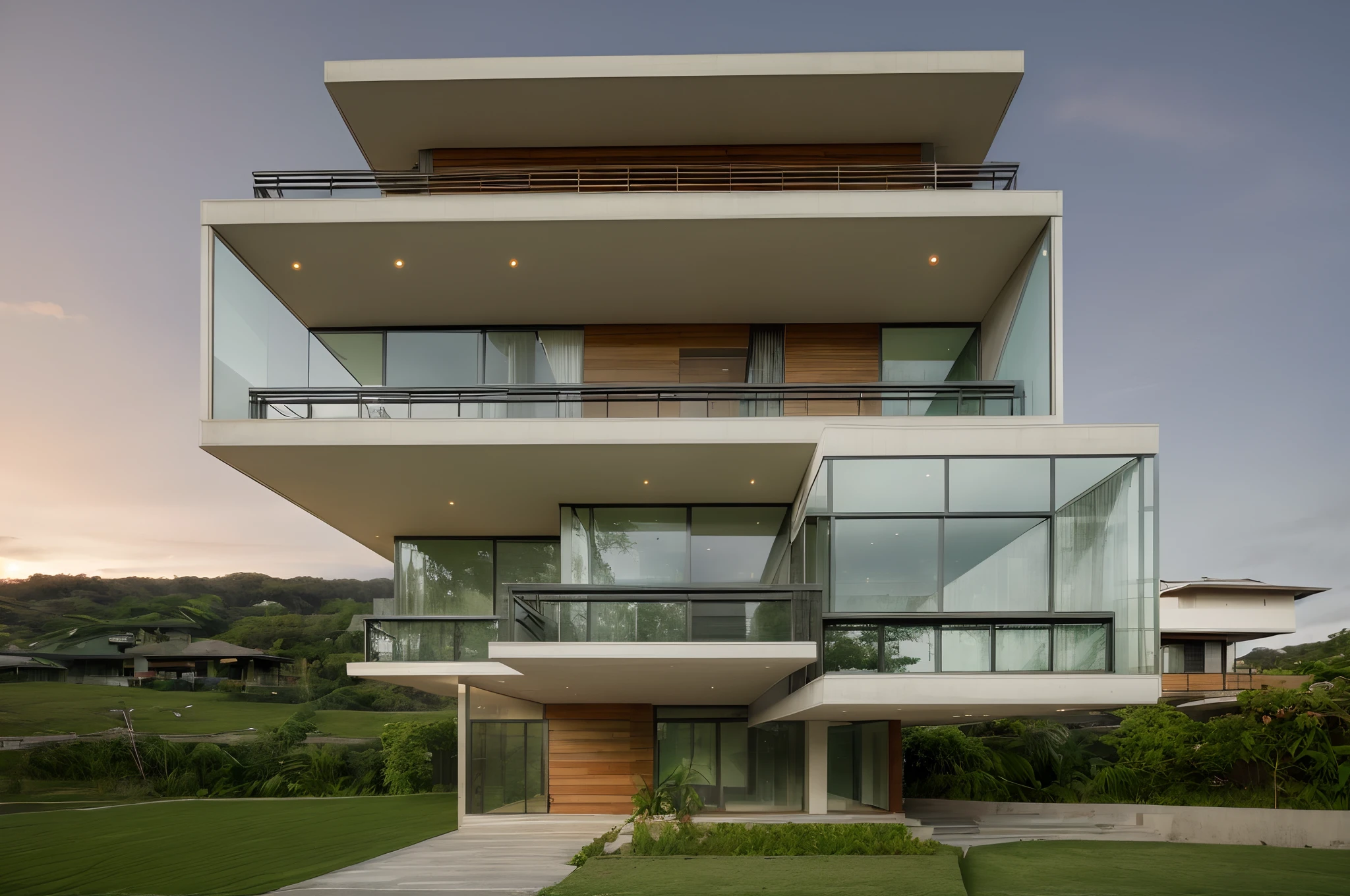 exterior contemporary house in the sunrise,((halfway up the tropical hill)), cladding stone mix with nature wood material, glass rail, plants on balcony, glasses window, nice landscape with tropical trees and plants, green grass,