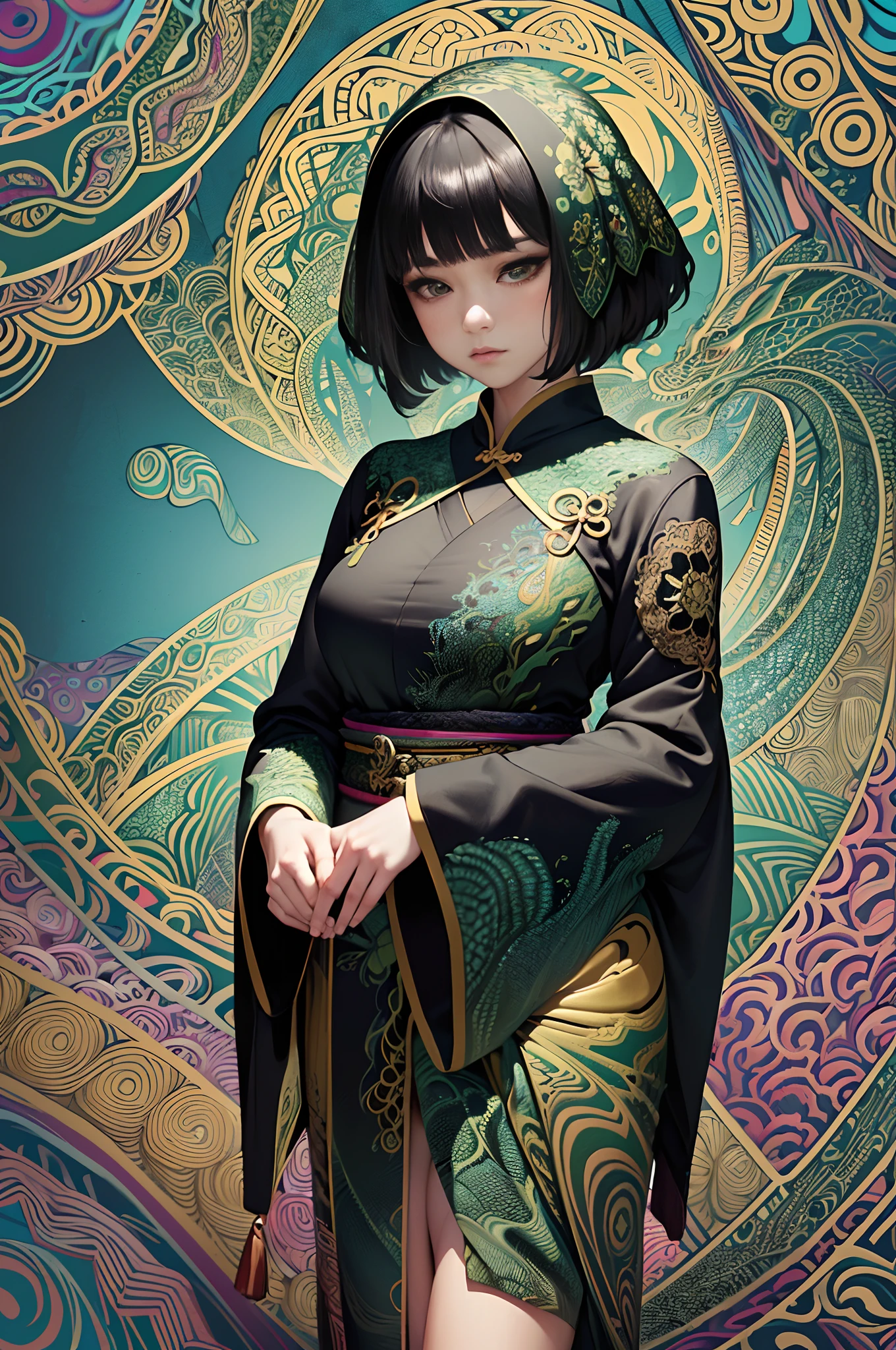 realistic, (masterpiece, top quality, best quality, beautiful and aesthetic:1.2), zentangle, extremely detailed, fractal art, colorful, highest detail, (abstract background:1.5), (1 asian woman:1.3), (dragon motif), (short black hair), inquisitive expression, (wearing green silk patterned robes),