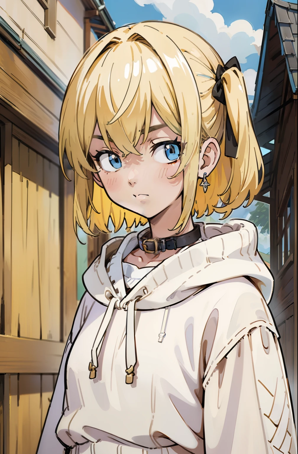 (masterpiece, best quality, ultra-detailed, illustration), beautiful face, blonde hair, perfect body, 1girl in, solo, hoodies in sweater on camisoles, hair ribbon, dress, straps, village, old houses, outdoors, folk, legends, collar