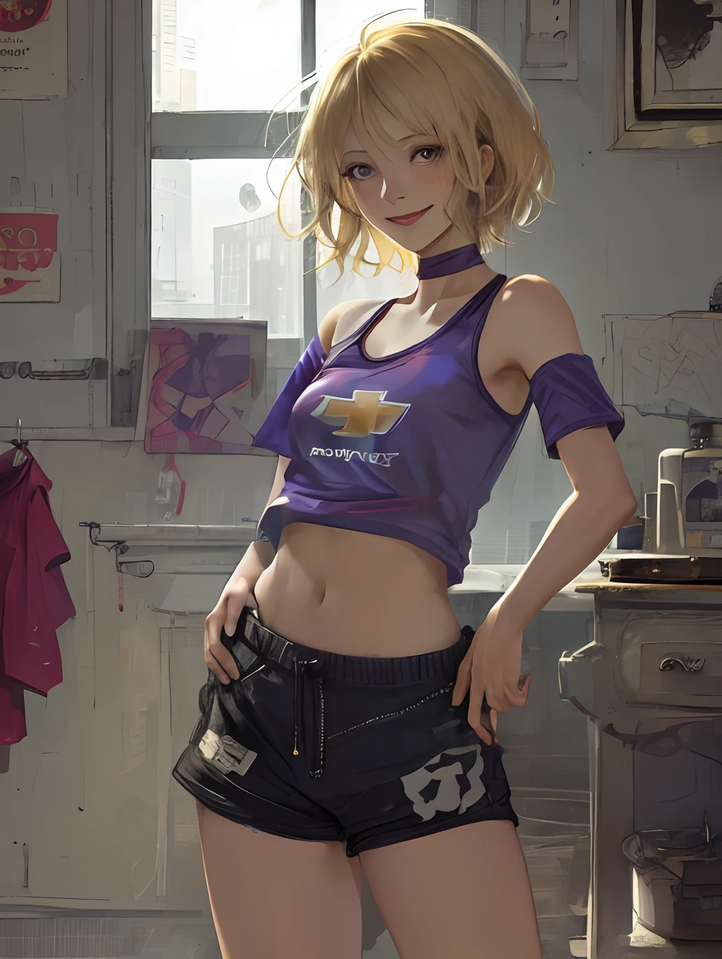 short hair, blonde hair, purple eye, smile, Manchester United t-shirt, underpants, window, legs, bare shoulders, midriff, buttocks