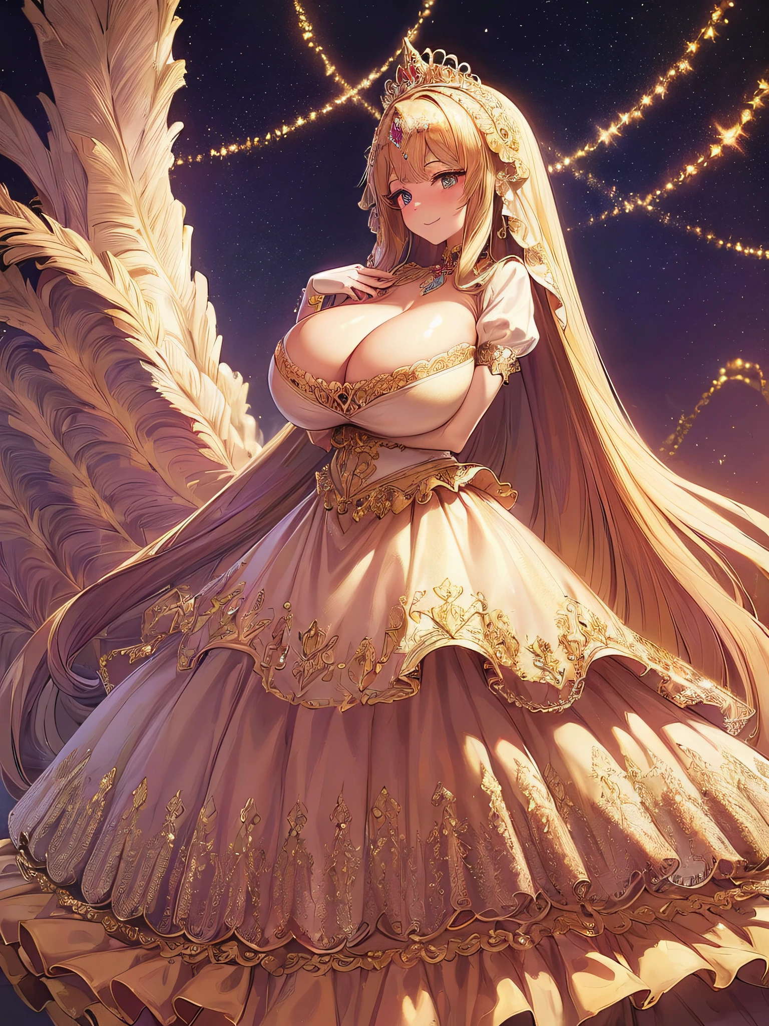 ((Anime Art Style)),(masutepiece),(Best Quality), (Super Detail),(Highly detailed CG Unity 8k wallpaper),((Very delicate and beautiful)),((Full body portrait)),((Stand in the garden)),((Solo)),(((One princess in gorgeous embroidery and jeweled very gorgeous Rococo princess ball gown with voluminous full-length hoop skirt ))),(((Crinoline Hoop Skirt))),Long Train,((Gorgeous embroidery and jewelry)),voluminous ruffles,(((very very gigantic boobs,Skindentation))),cleavage,((Very long straight hair,Very voluminous straight long hair,Very long straight hair)),(finely detailed face and eyes),((Seductive smile,embarrassed)),Beautiful eyes like jewels,Very gorgeous hair ornament,(A very gorgeous tiara adorned with bling-bling jewels),((Glitter Gorgeous Gemstone Jewelry)),Gorgeous Long Veil,(opera gloves),(Beautiful background),(Full body),((gorgeous embroidery and jeweled gorgeous Rococo princess ball gown with voluminous full-length hoop skirt))