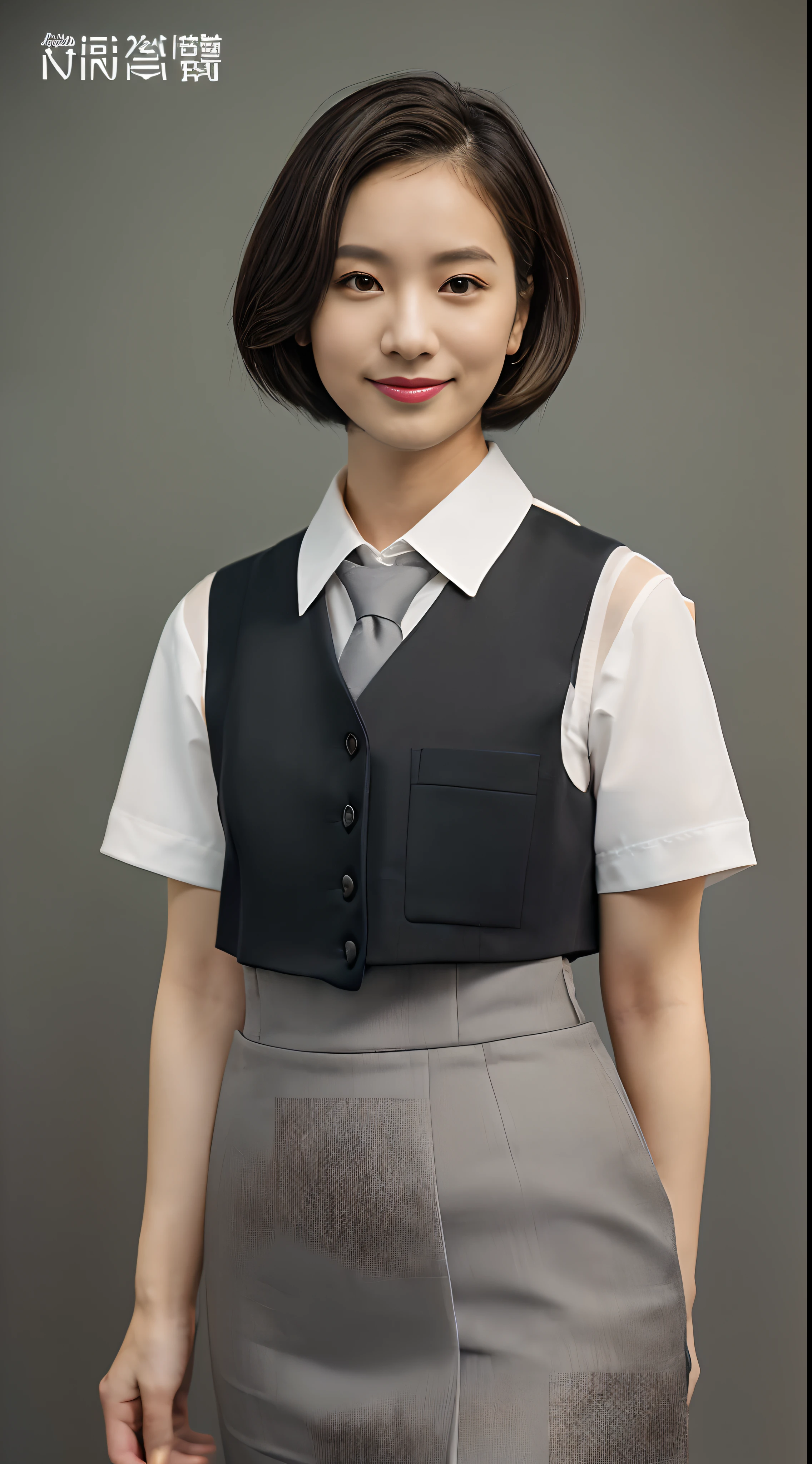 masutepiece, one beautiful women, ,(japanes), (s Office), (((White shirt))),(((Short stature)))(((Gray office suit tight skirt and gray office vest))), (),, (medium breasts), , ,(((Bob Hair))(, , (Skin Texture:1.1), Best Quality, 超A high resolution, (Photorealistic: 1.4), Raw photo, , nikon d850 film stock photograph, F1.6 lens, Rich colors, Realistic, cinestill 800, Backlight, Rim lighting, Studio Lighting,  ,((( A dark-haired))),(((full body Esbian))(((Facing the front)))(((mediocre figure))),(((Mediocre style)))(Black socks)smil,12year old